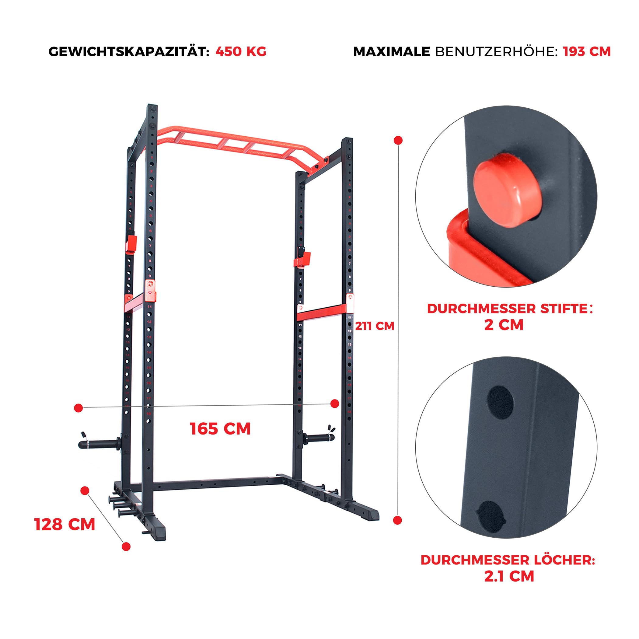 Sunny Health & Fitness Power Zone Squat Rack, extrem langlebiger Kraftkäfig für das Heim-Fitnessstudio mit abgewinkelter Klimmzugstange, J-Haken, 455 kg Gewichtskapazität - SF-XF9925