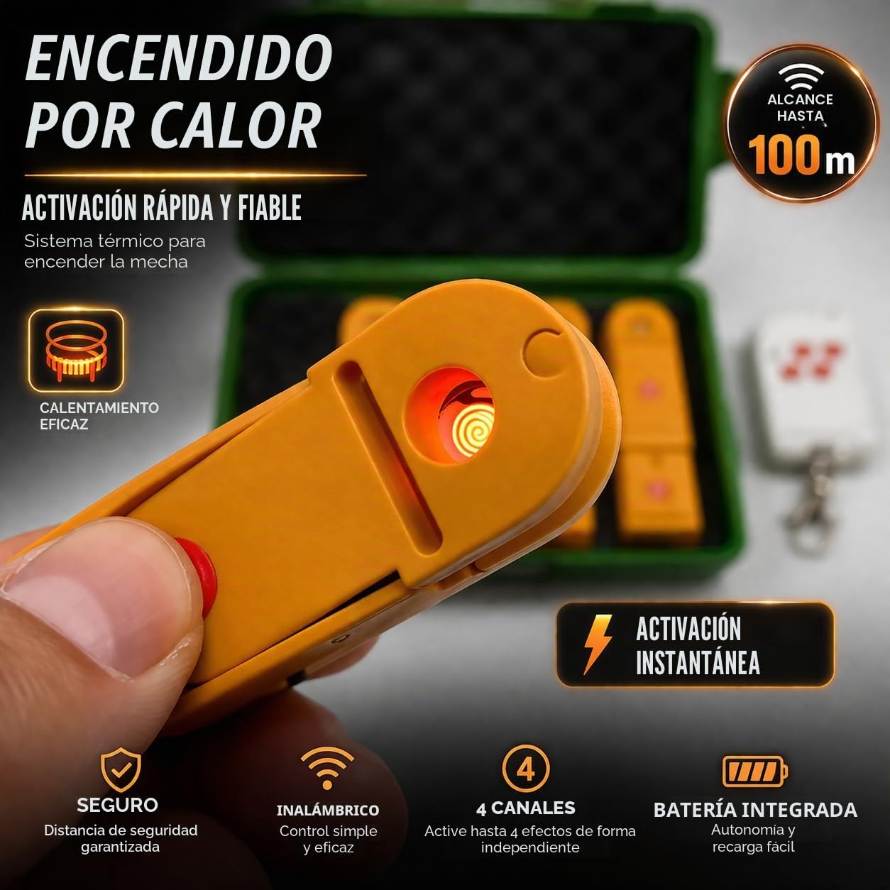 zenda club Kit disparador de fuego de artificio 4 canales - Sistema de encendido inalámbrico recargable - Mando a distancia 50-100 m - Activación rápida para mecha, fumigos, fuentes