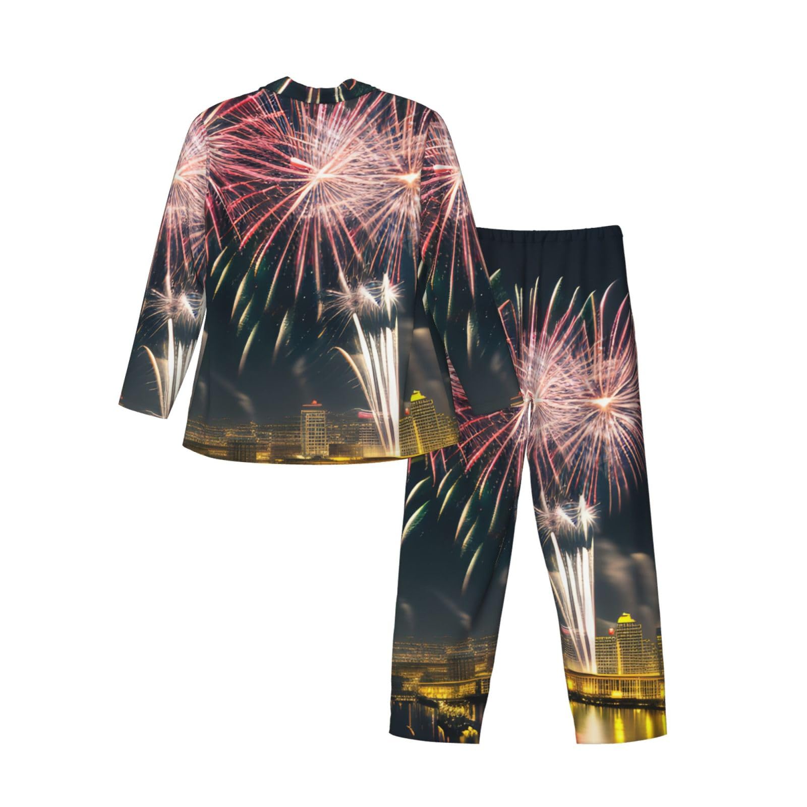 Herren-Pyjama-Set mit Feuerwerk-Muster, langärmelig, zweiteilig, Hauskleidung, bequeme Nachtwäsche