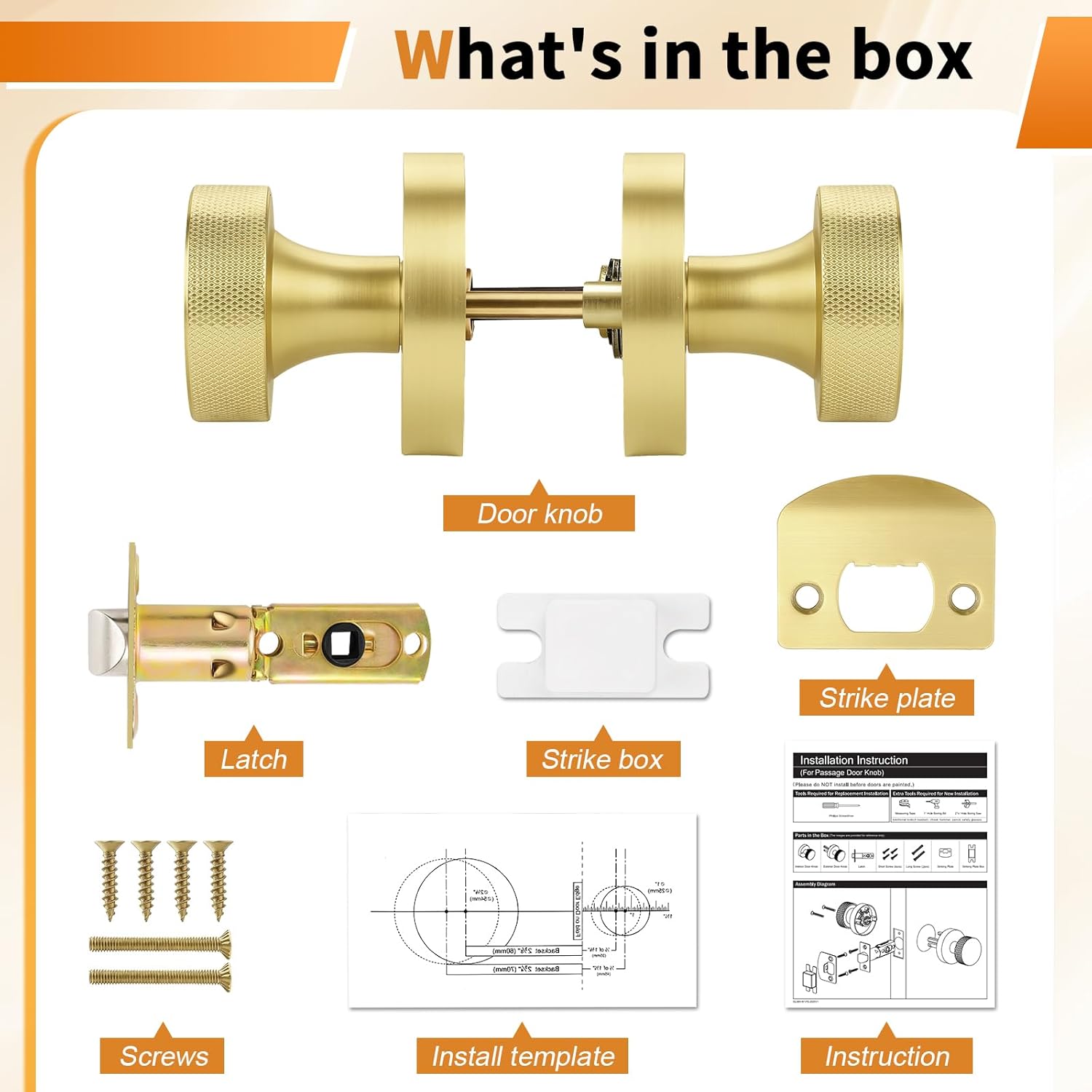 Probrico Round Passage Door Knobs, Gold Door Knobs, Brusehd Gold Interior Door Knob for Closet and Hallway, 6 Pack