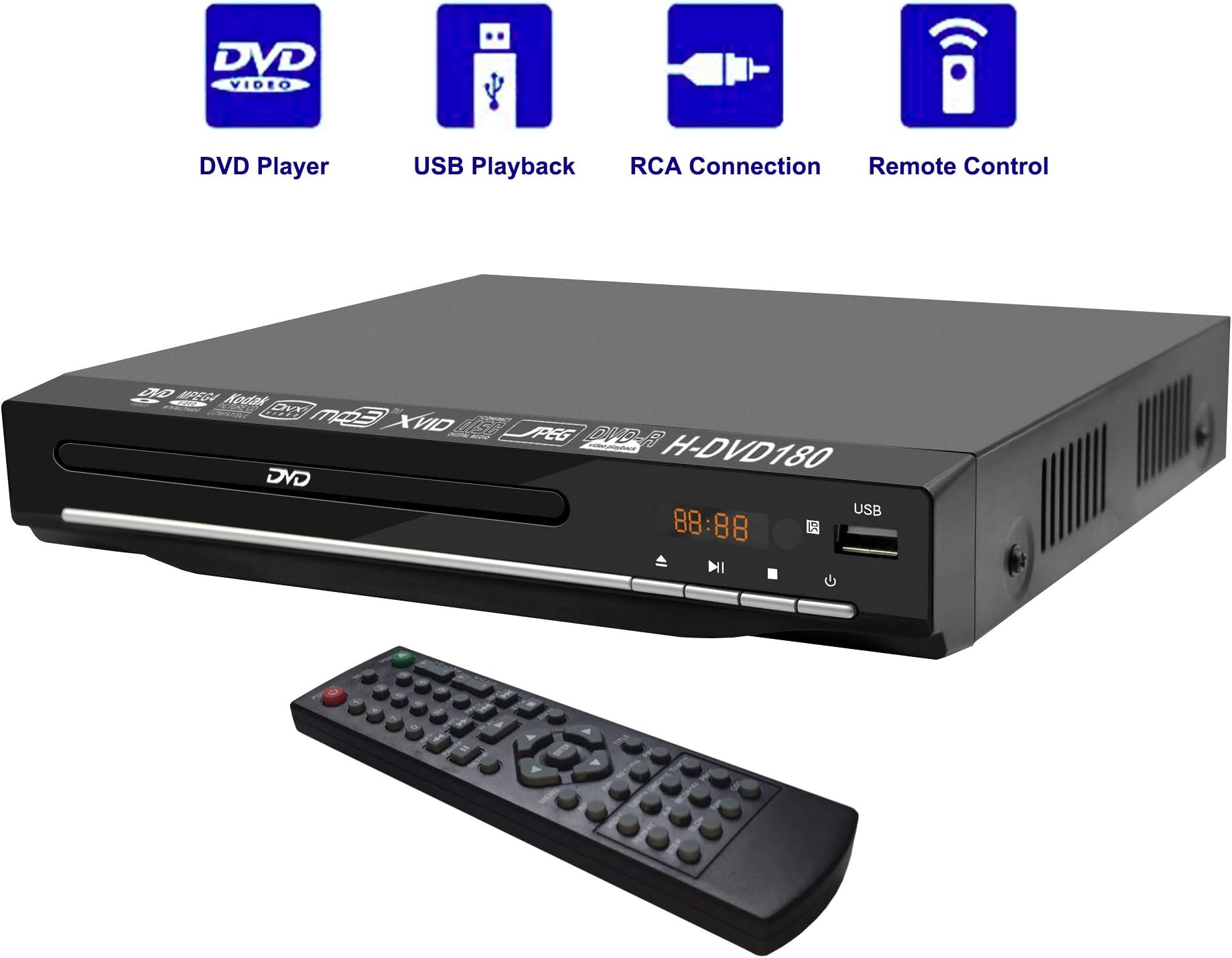 Compact DVD Player, Multi Region DVD Players for TV - Region Free Digital Player Multi- Format playability USB Port, RCA (Black1)