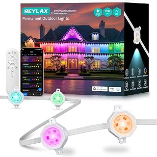 REYLAX Permanent Outdoor Lights Pro, 100ft with 72 Triple-LED 135lm, RGB+IC Smart Eaves Christmas Lights for House, IP67 Waterproof, Multi Scenes for Outdoor Decor, Works with Alexa, Google, Remote - Amazon product rated Grade A