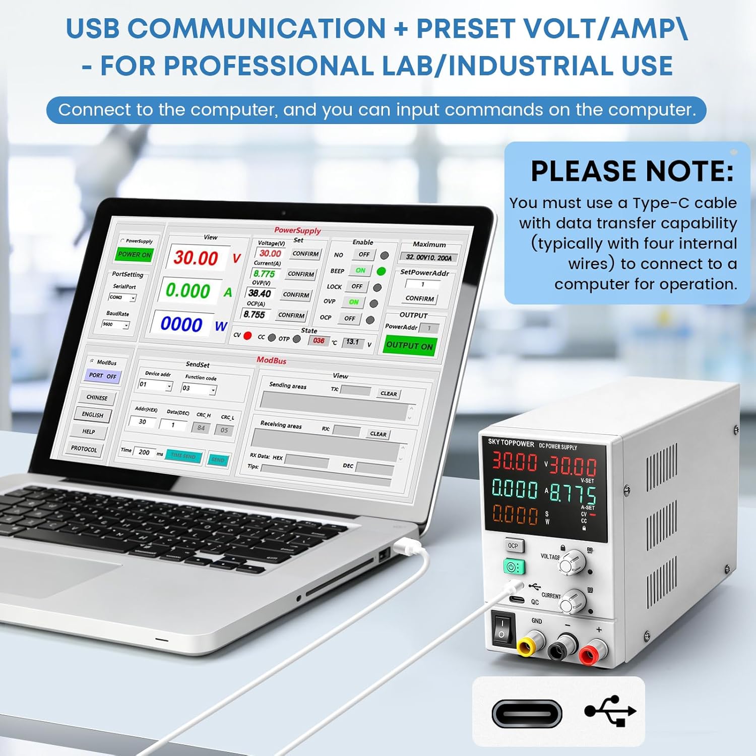 DC Power Supply Variable,32V 10A Power Supply with USB-C PC Control,Programmable,Encoder Knob,18W Quick Charge,Dual Display for Lab,Testing,Electronics Repair,Battery Charging,White
