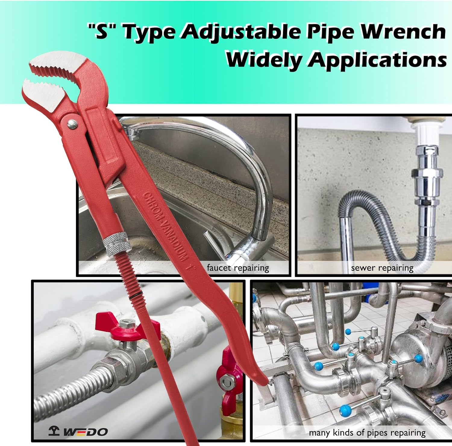 WEDO Swedish Pipe Wrench S-Type, Water Pump Wrench, Max Jaw Opening 82mm,Length 535mm,Optimal Jaw Opening 2"(50mm),CR-V Steel, Die-forged, Heat Treatment