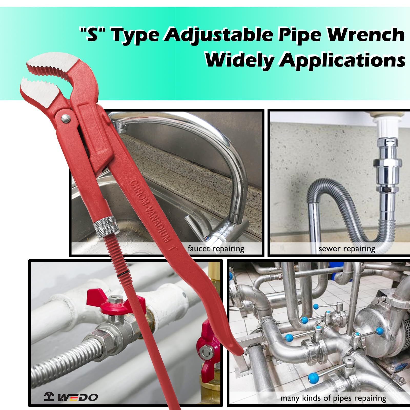 WEDO Llave para tubos en forma de S Con ajuste,Llave Sueca para Tubos 1.5" Tenaza Ajustable,Largo 420mm,Acero de cromo y vanadio