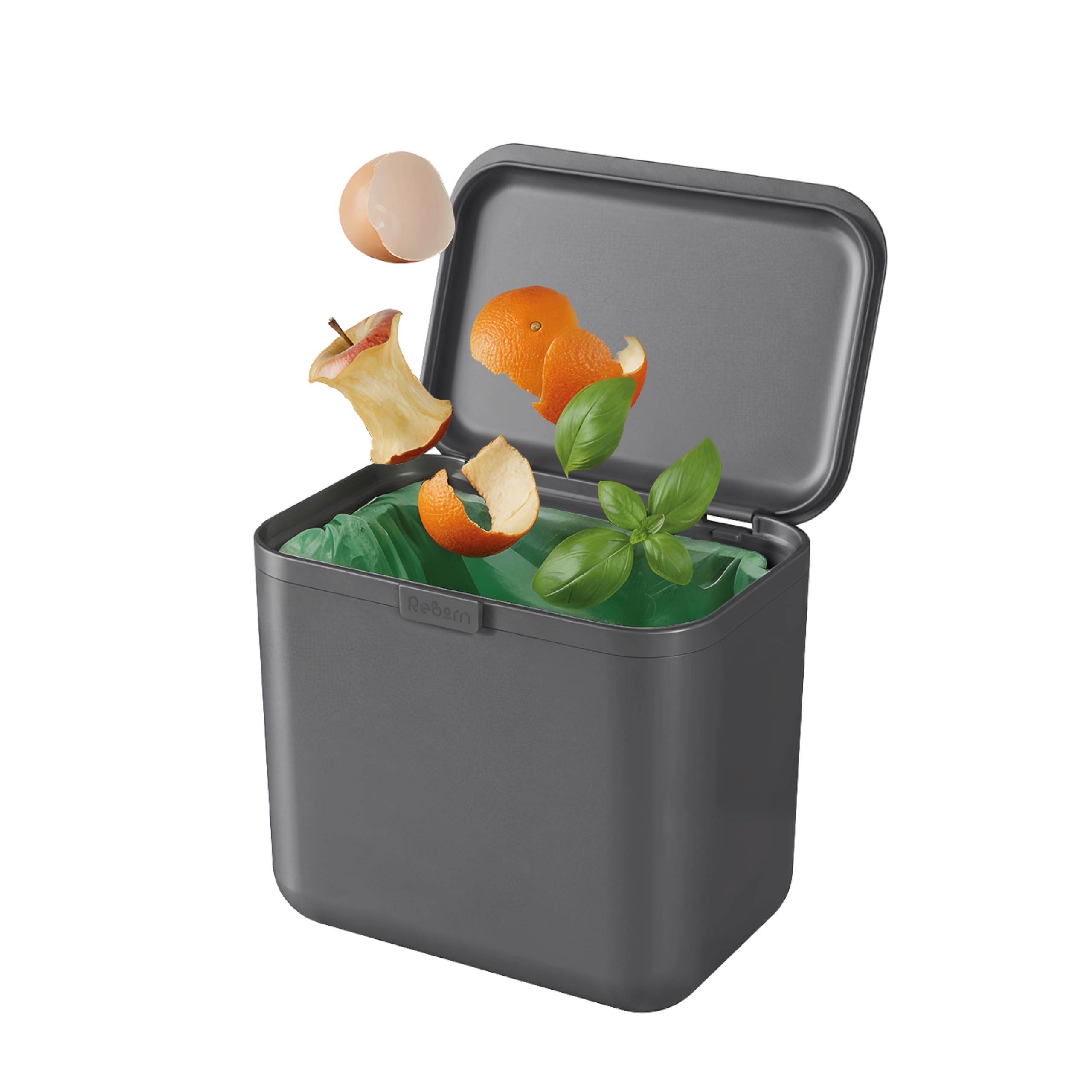 ReBorn - Food Waste Bin - 5 Litre Capacity - Easy Open Lid - Locks in Odours - Integrated Carry Handle - Made in Britain from Recycled Materials (Dark Grey)