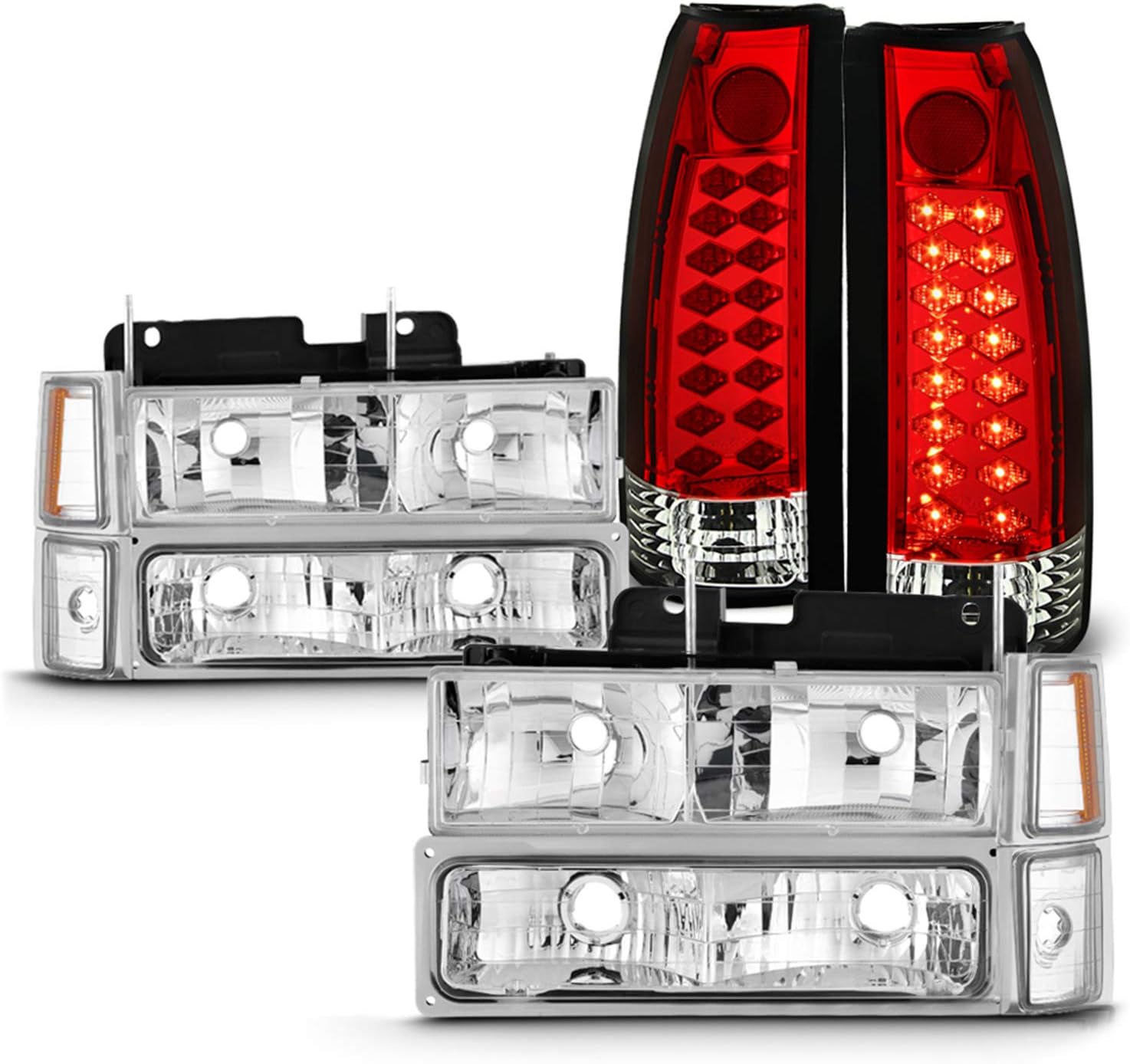 AKKON - Fits 1994-1998 C/K 1500 2500 3500 Tahoe Suburban Chrome Headlights + Corner + Signal Lamp + LED Red Tail Lights Pair