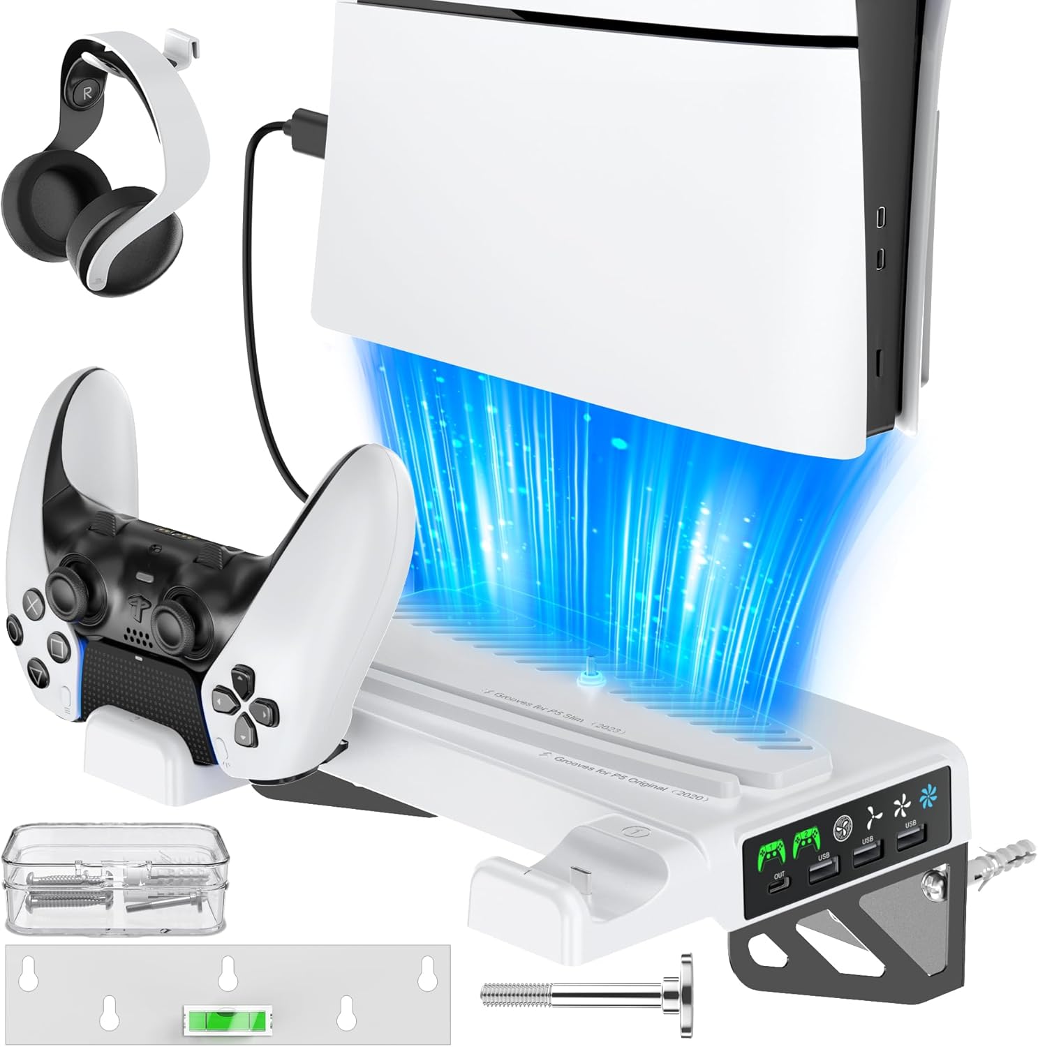 PS5 Slim/PS5 Wall Mount Kit with Charging Station & Cooling Fans, PS5 Shelf Compatible with PlayStation 5 Disc & Digital Version, PS5 Slim Mount Behind TV with Headset Hanger, PS5 Wall Holder White