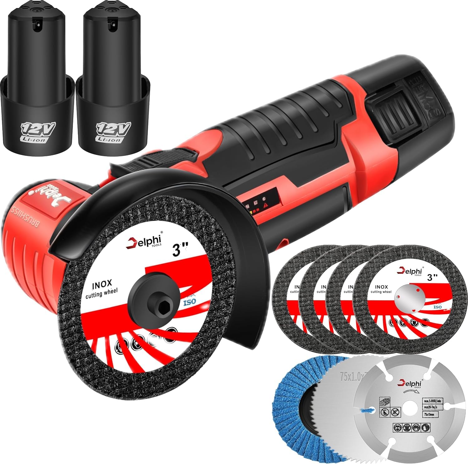 DELPHI Mini akumulatorowa szlifierka kątowa 75mm 12V 2 akumulatory Silnik bezszczotkowy Akumulator Mini Mocna szlifierka do cięcia Mini Akkuflex 7x tarcze tnące z walizką transportową