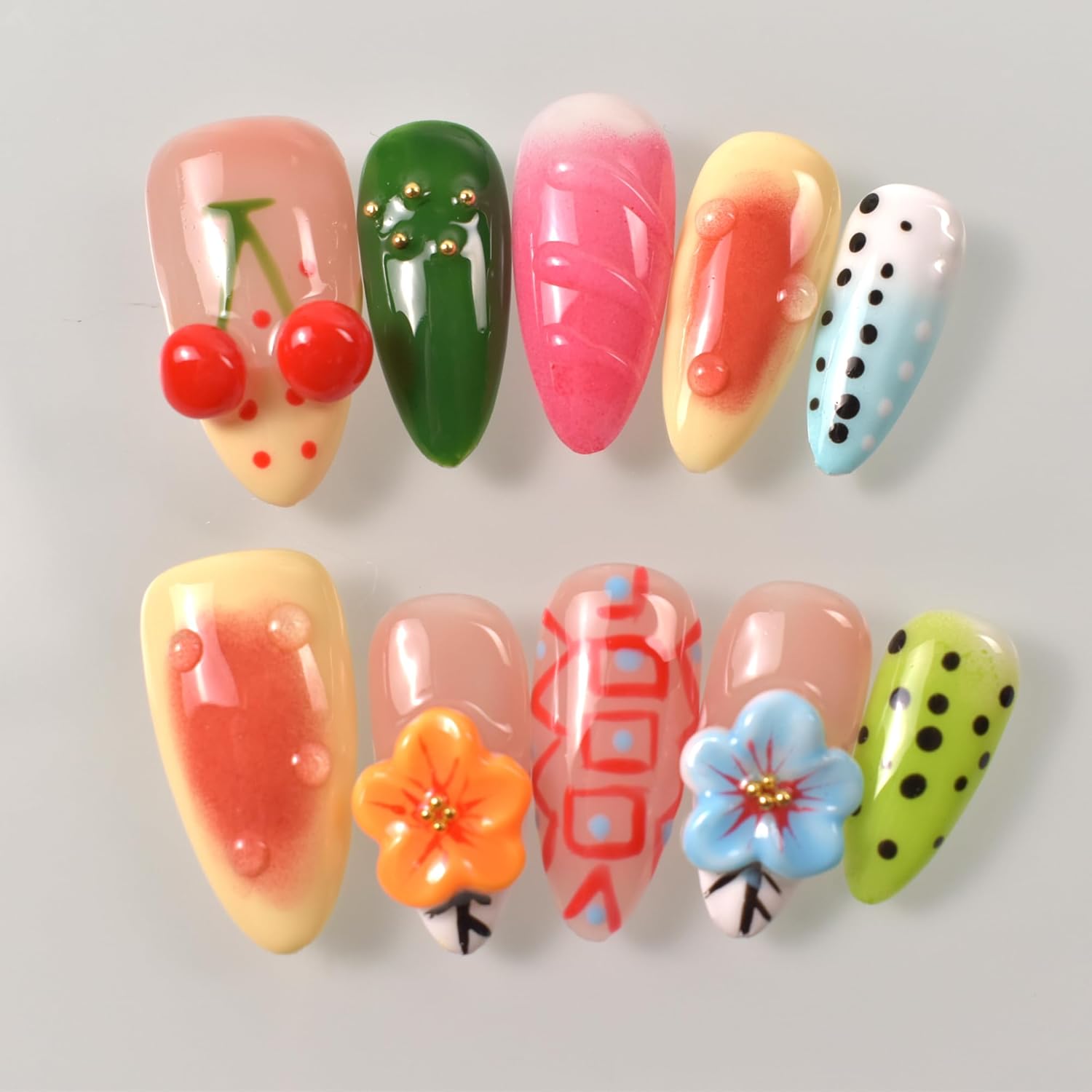 Handmade Press On Nails Almond 3D Hand Painted Flower Fake Nails with Cherry Droplet Designs Reusable Stick On Kit