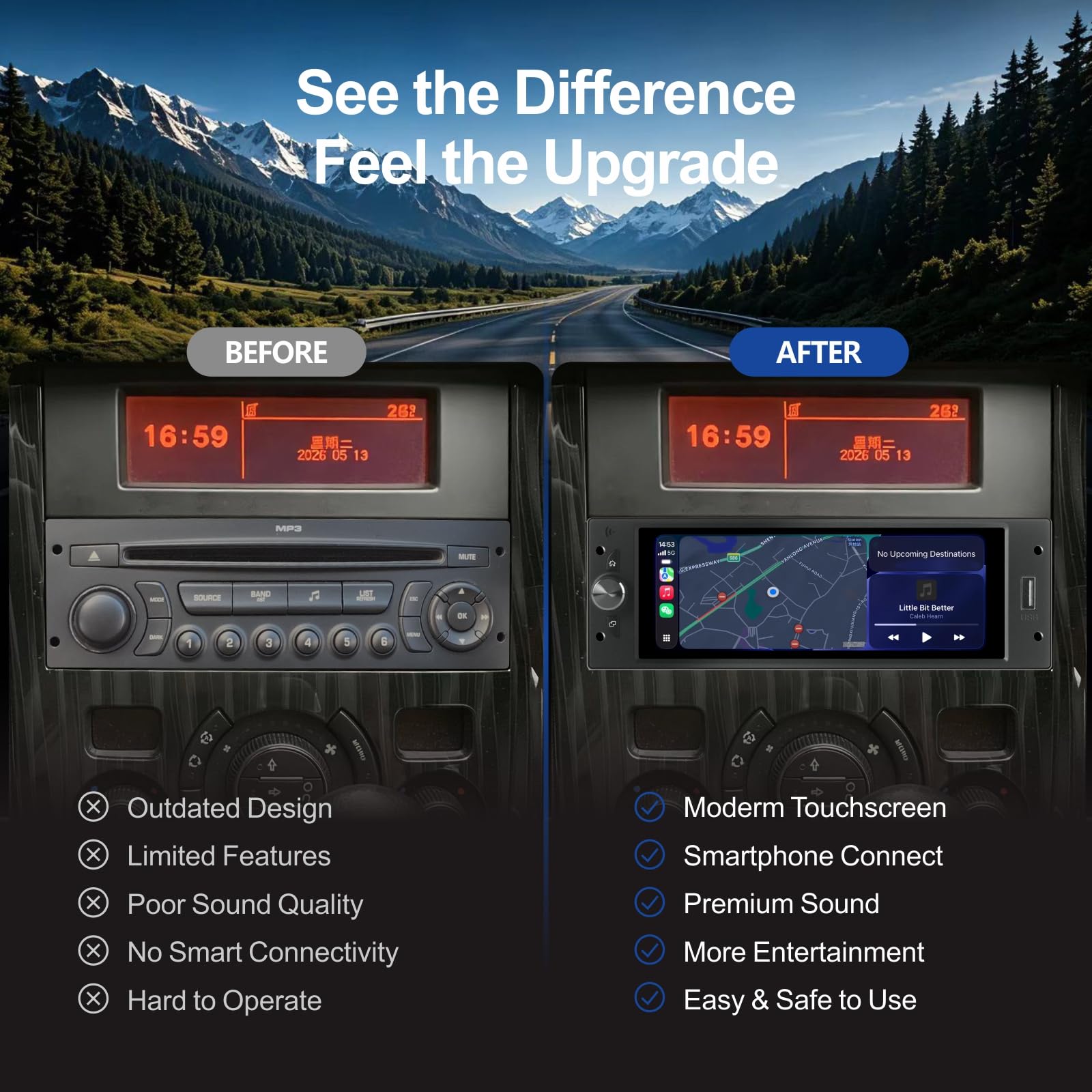 Autoradio 1 DIN con schermo per Peugeot 206 207 307 308 3008 5008 Citroën C2 C3 C4 Picasso, Wireless CarPlay Android Auto Radio, Sistema Linux, Bluetooth, Touchscreen, FM/AM RDS, Plug & Play