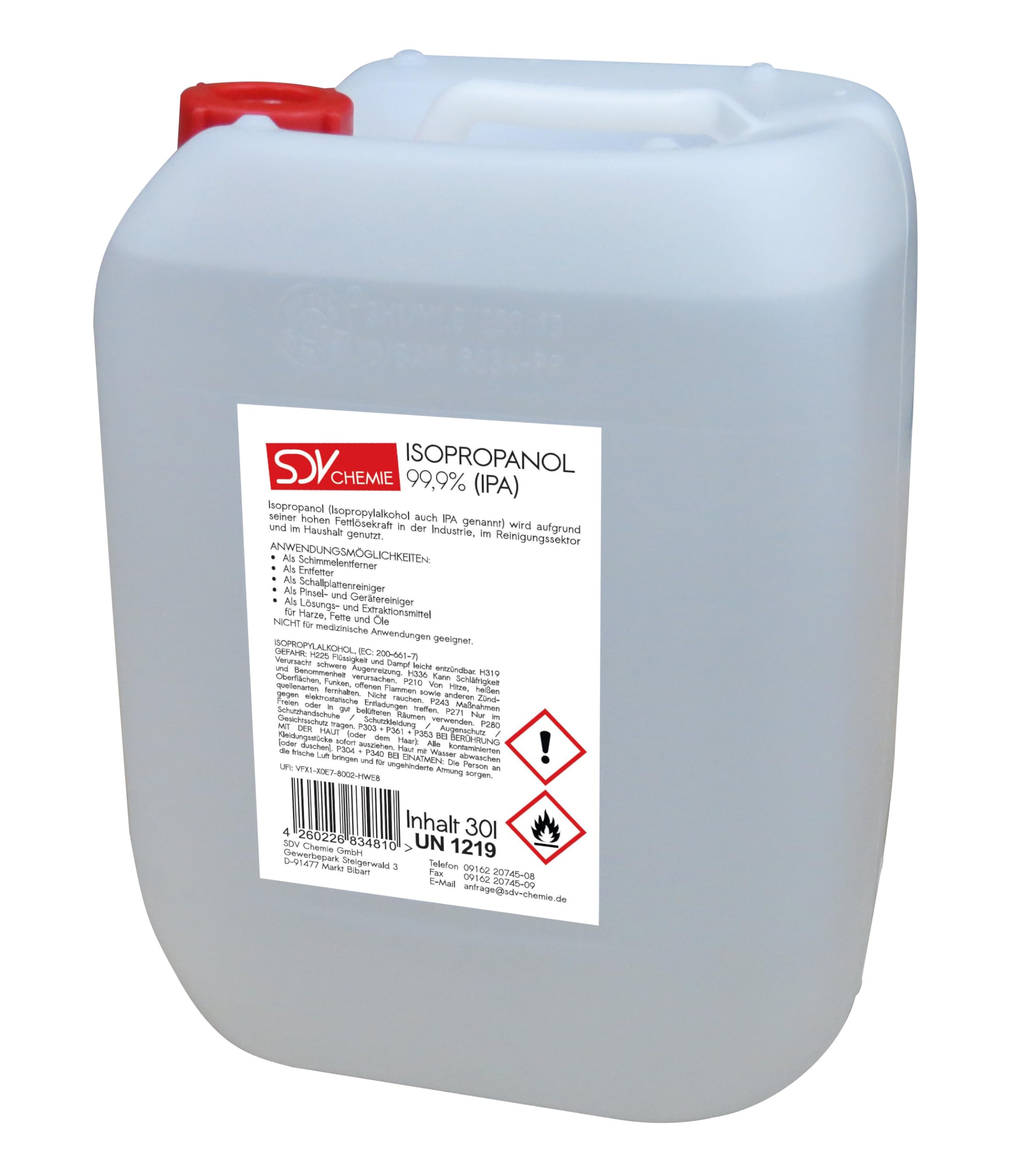 SDV Chemie Isopropanol Isopropylalkohol IPA 2-Propanol 99,9% 2X 30 Liter 30L Cleaner