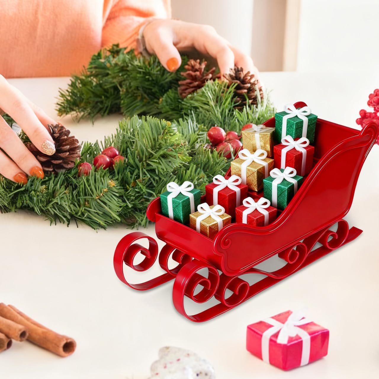 4 Pack Christmas Sleigh Christmas Tree 11x5 Inch Decorations Mini Miniture Decoration Santa Claus Sleigh Decor Xmas Favor Bowl Mini Sled Ornament Christmas Sleigh Decorations