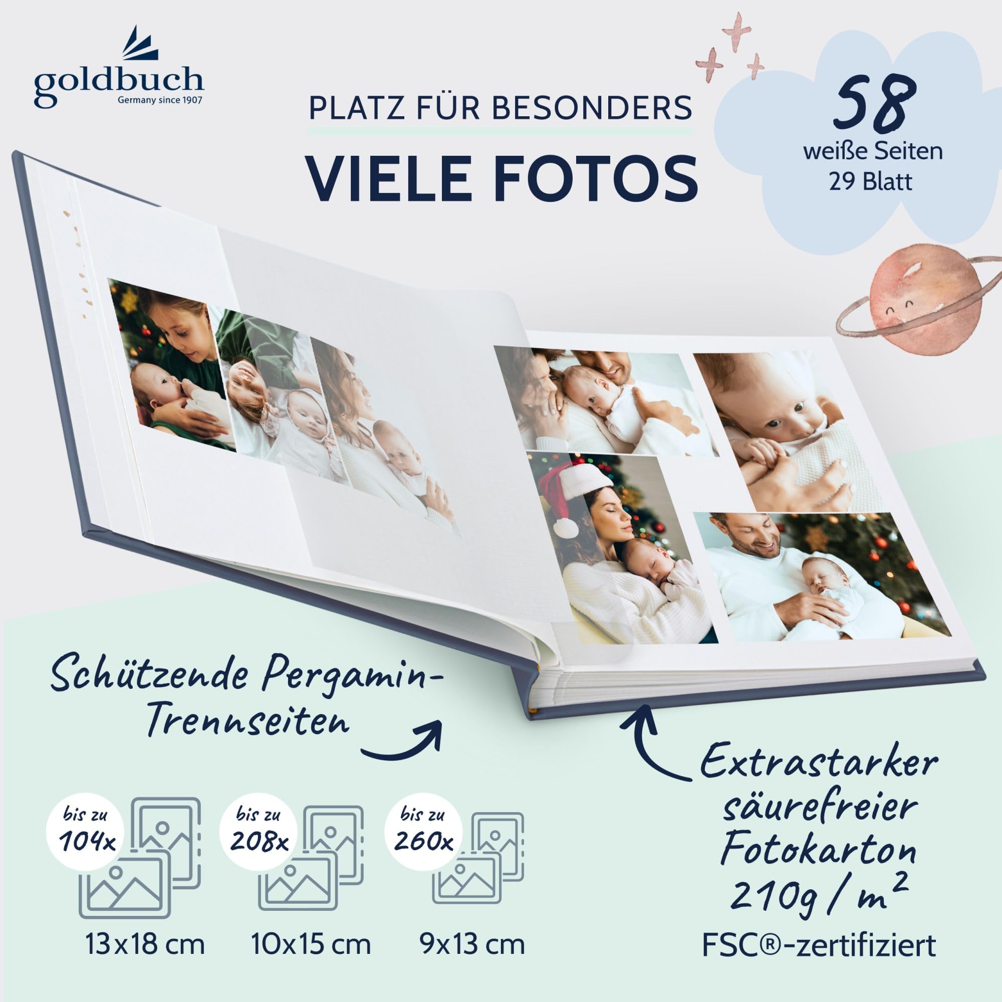 goldbuch 15 497 Baby Album Full of Wonders in Space Design, Linen Texture Photo Album with 58 White Blank Pages - Image 4