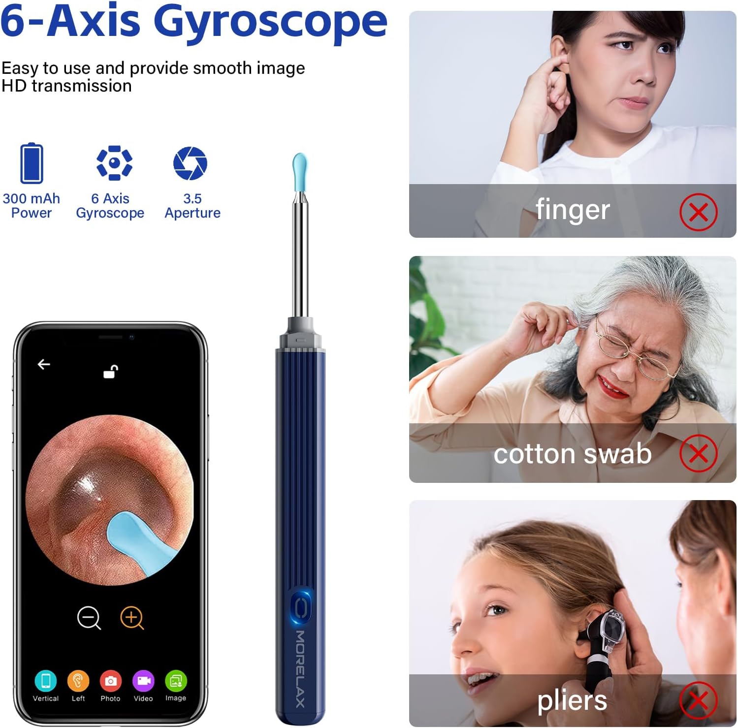 Images showing the ear wax removal tool being used for ear, nose, teeth, and skin inspection