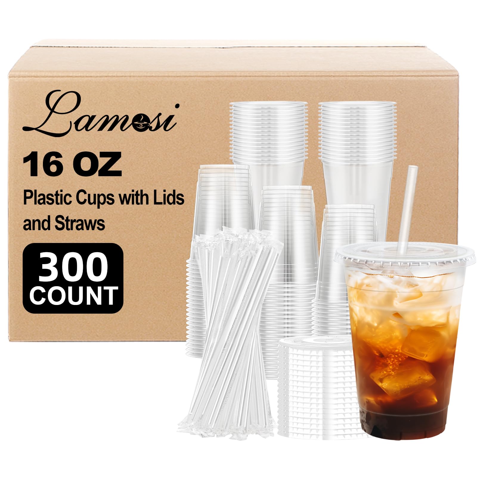 Lamosi 300 Pack 16 oz Plastic Coffee Cups with Lids, Disposable Clear Cups