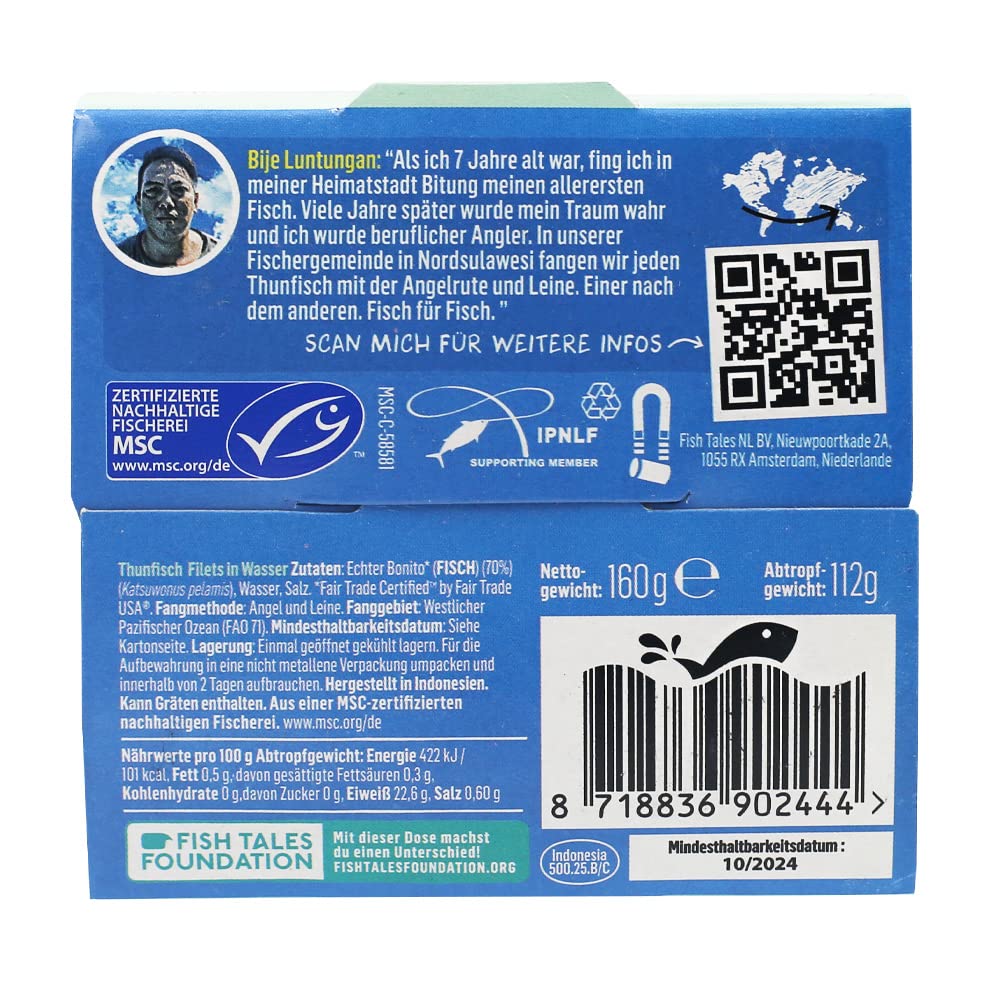 Fish Tales Skipjack Thunfisch in Wasser – aus nachhaltiger MSC Angelruten-Fischerei – schnell, einfach und lecker zubereitet (Thunfisch in Wasser, 12 x 160g)