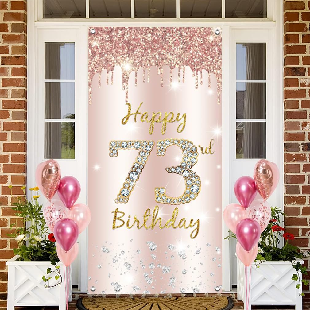 73. urodziny dekoracja damska, Happy 73rd Birthday Door Banner różowe złoto, 73. urodziny tkanina tabliczka plakat dekoracja drzwi, 73. urodziny tło baner damski, przyjęcie urodzinowe tabliczka