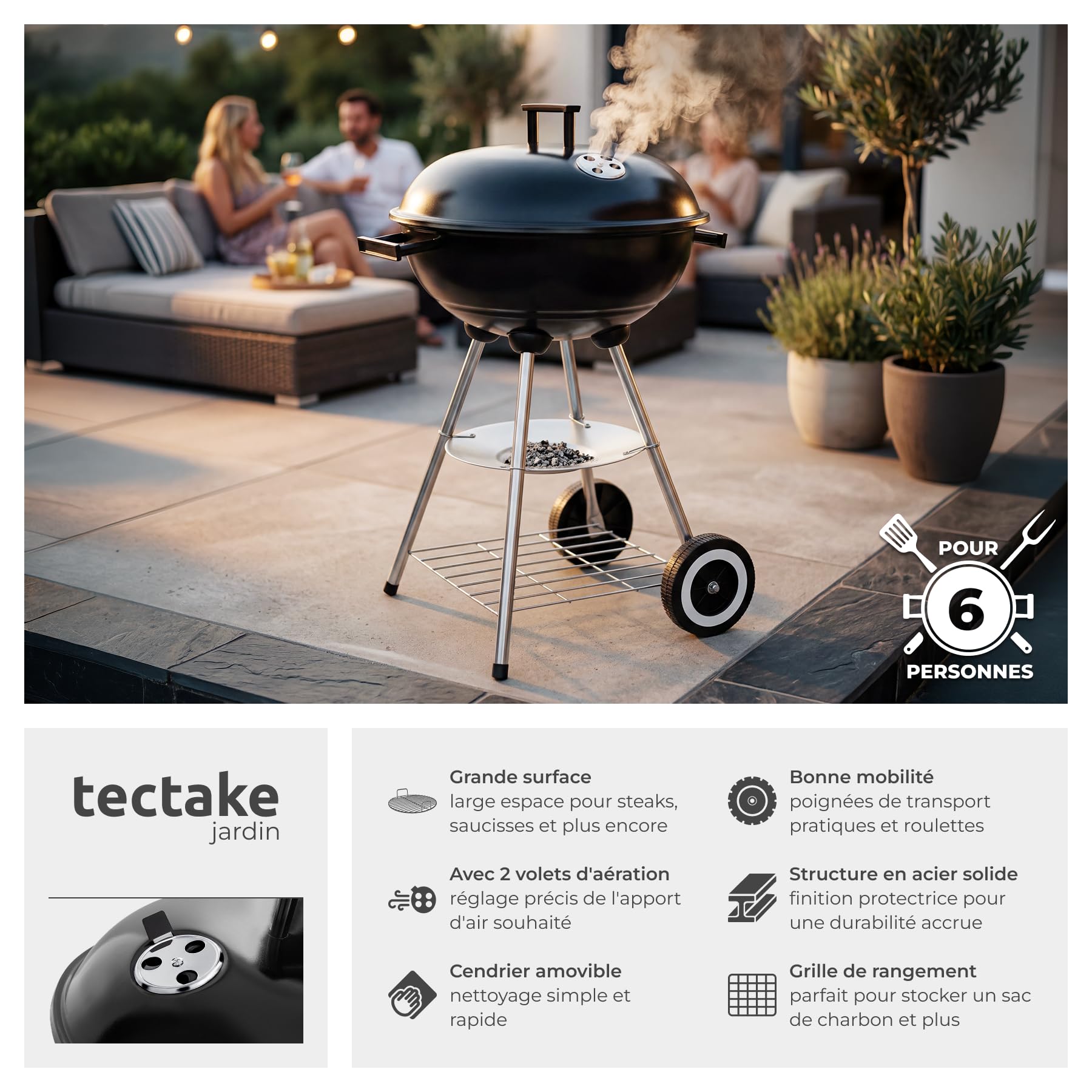 tectake® Barbecue rond Ø 41,5 cm, Grande grille de cuisson, Grille à charbon, Réglage de l'arrivée d'air, Bac de récupération amovible, Poignées latérales, 2 roues, Barbecue à charbon portable
