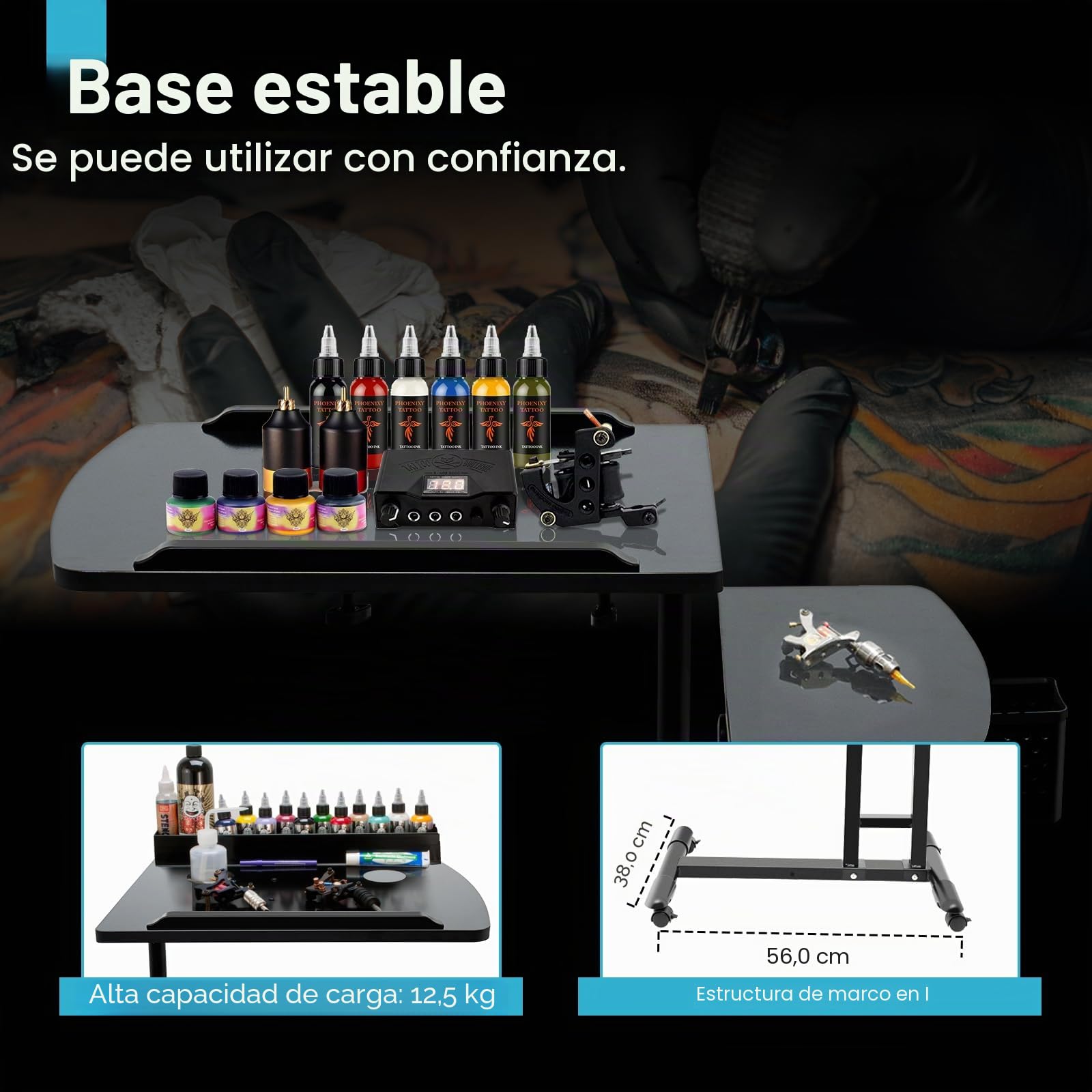 Tattoo WorkStation, banco de trabajo de tatuaje, estación de trabajo portátil de tatuajes portátil de 61 a 107 cm, altura ajustable, reposabrazos grande, mesa auxiliar con ruedas