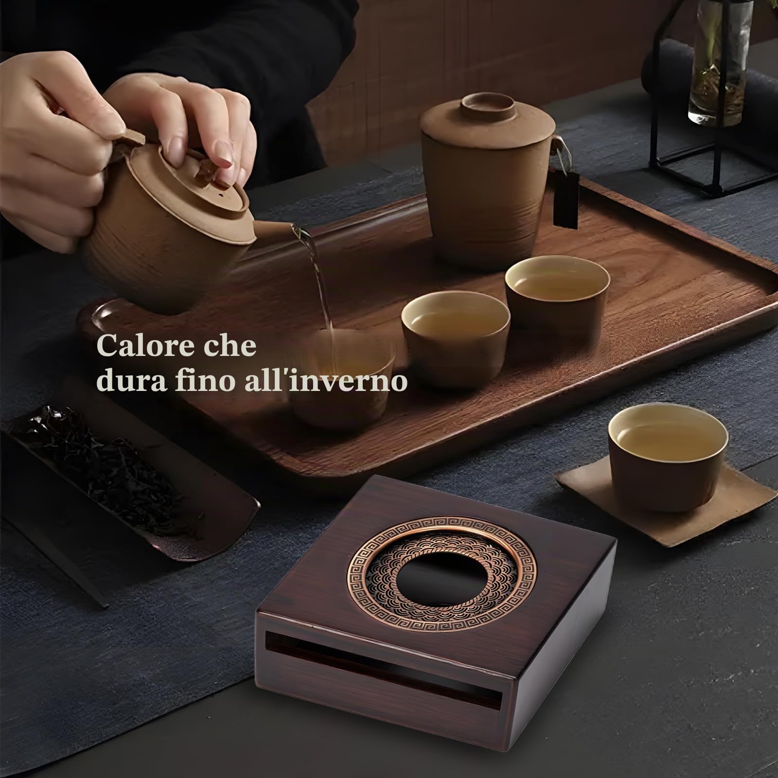 Scalda Teiera in Bambù,Scalda Teiera con Porta Candela,Scalda Tè e Caffè per Isolamento e Riscaldamento,Alta Qualità,Scuro, Quadrato