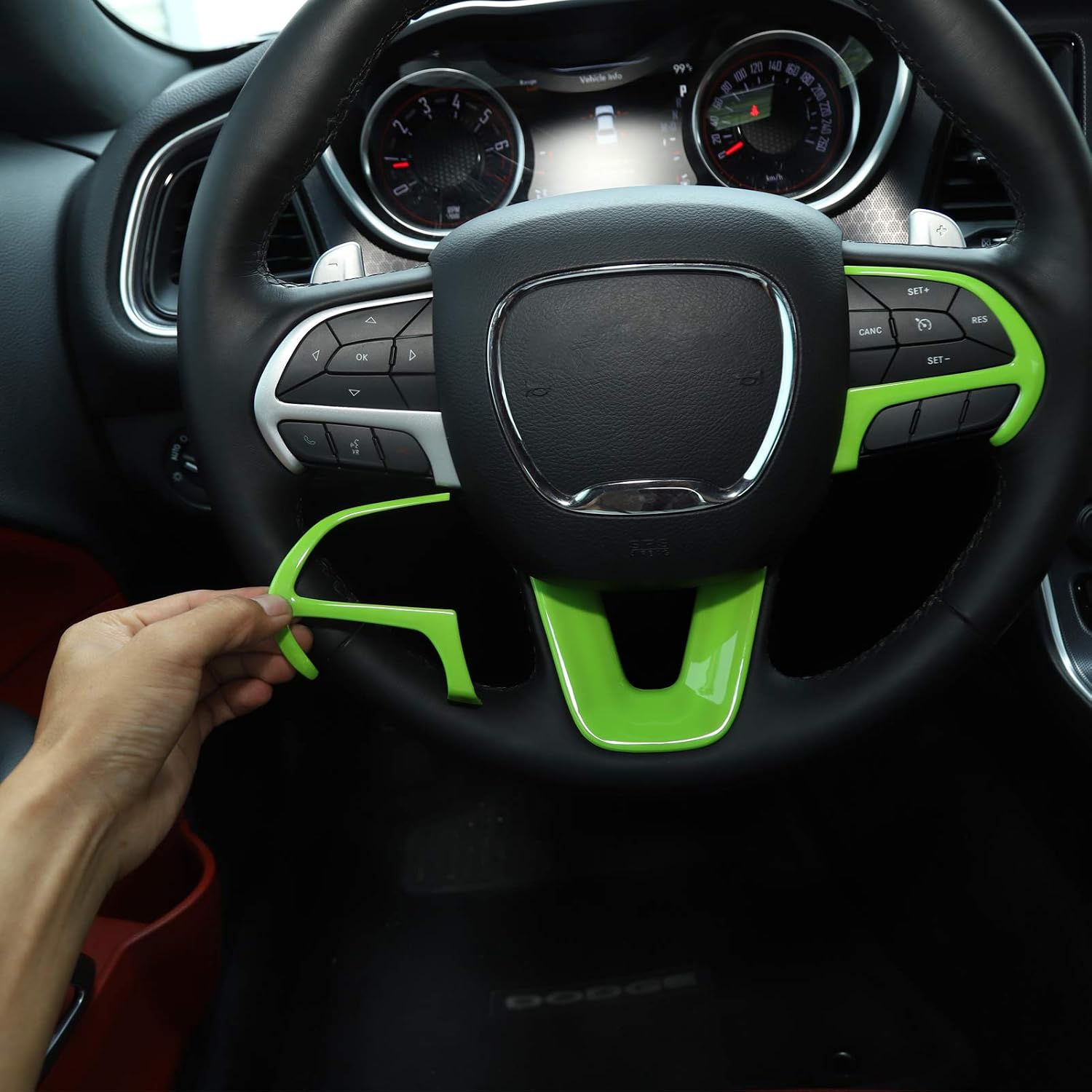 JeCar Steering Wheel Cover Interior Decoration Trim Kits Compatible with Dodge Challenger/Charger 2015-2023/Durango 2014-2020 & Grand Cherokee 2014-2019 SRT8, Green