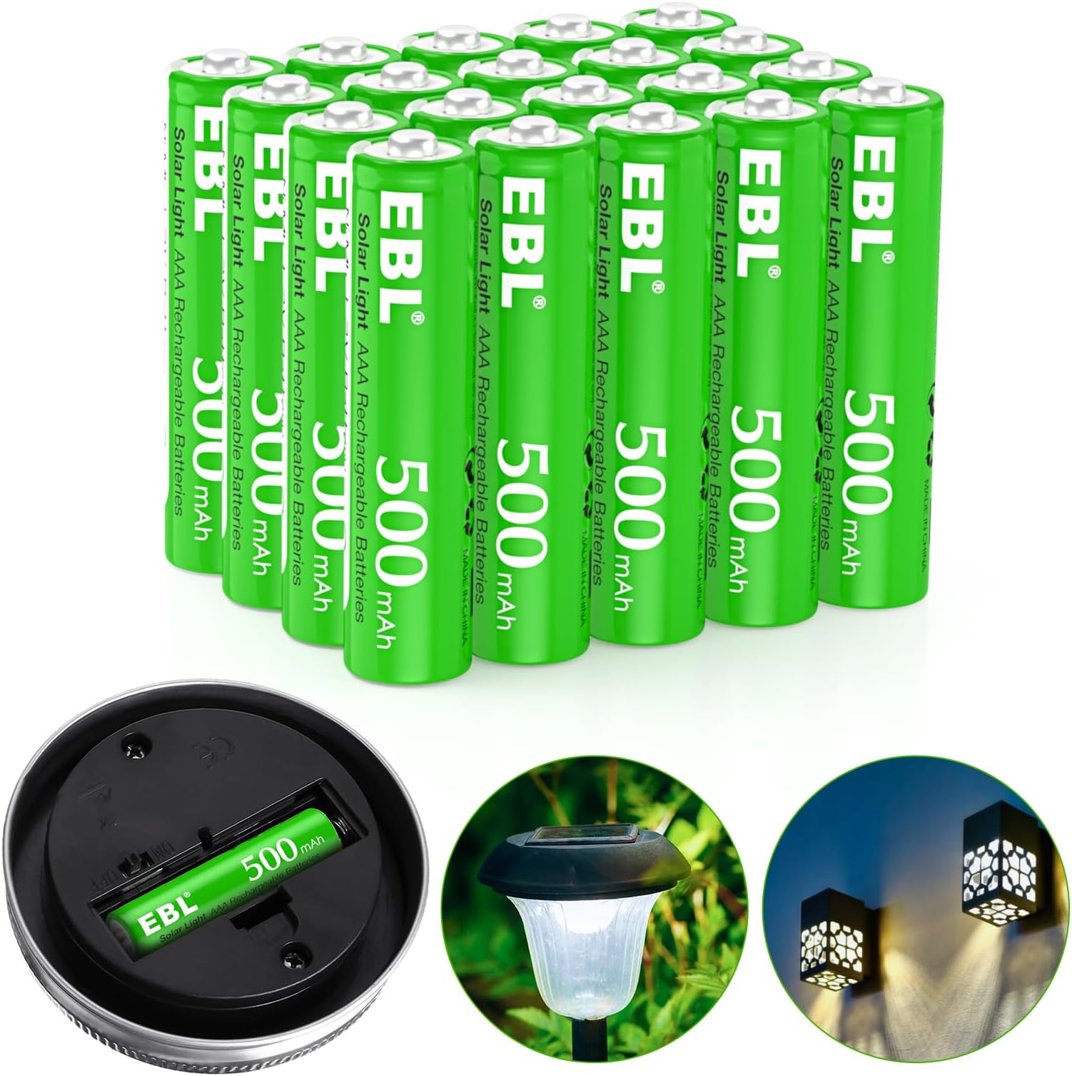 EBL 20 x AAA Rechargeable Solar Batteries 1.2V for Outdoor Garden Solar Lights, 500mAh High Performance Ni-MH AAA Batteries