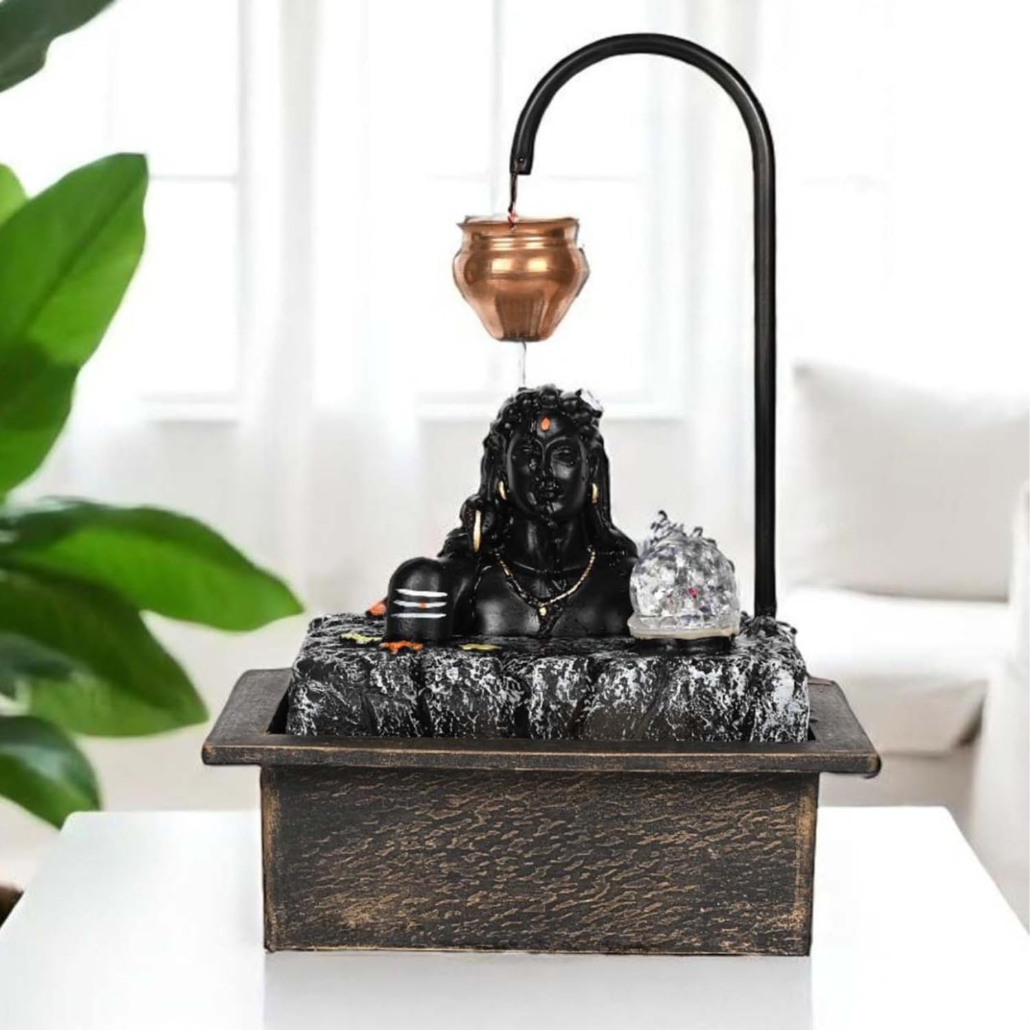 BIANCO Lord Shiva Table-Top Water Fountain with LED Crystal Ball & Real Copper Kalash Drip 19 Inch | Indoor Polyresin Waterfall for Home Décor, Meditation, Vastu & Gift Silent Electric Pump