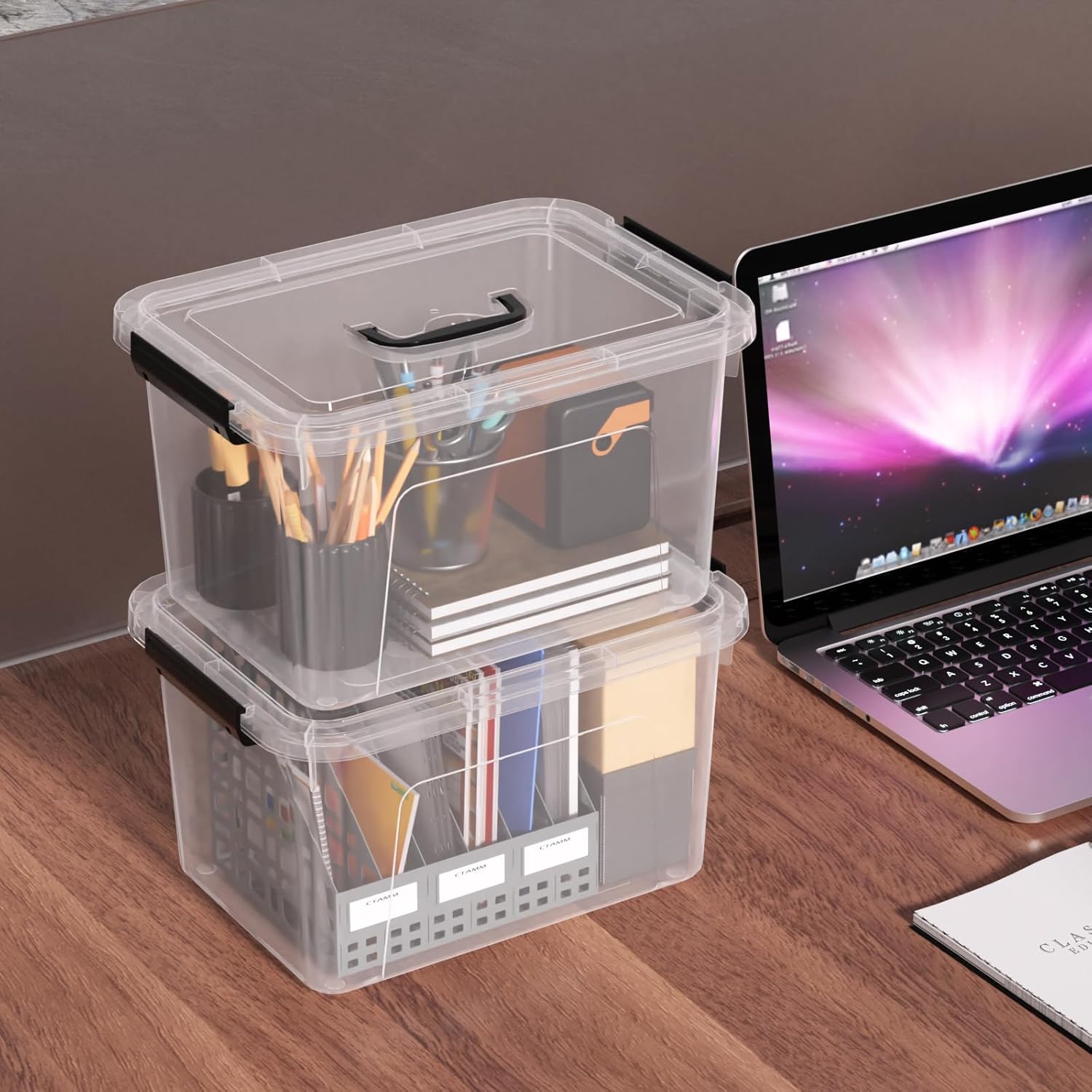 6 Packs 12 Quart Clear Latching Storage Boxes, Plastic Storage Bin with Handle