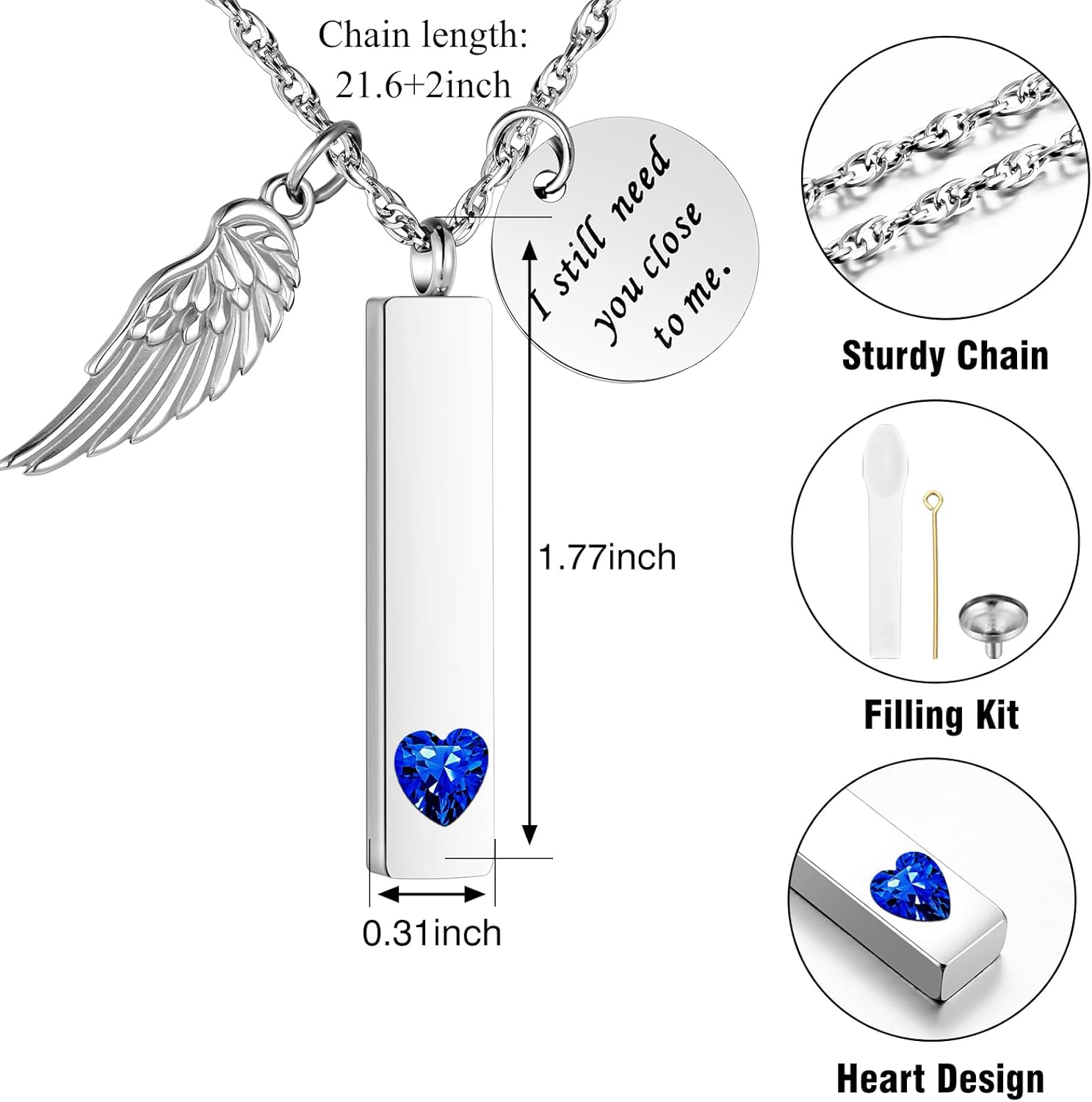 XIUDA Cremation Jewelry for Ashes with Angel Wing Charm Vertical Bar Urn Necklace Stainless Steel Memorial Keepsake Pendant for Women - Image 4