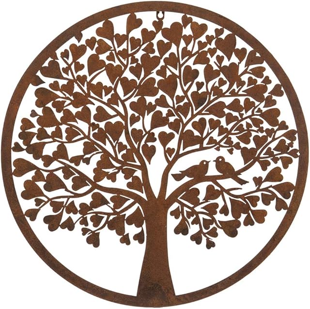 F&G Supplies 60cm diameter heart leaf rustic round steel metal garden wall art plaque - with 2 little birds!