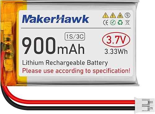 MakerHawk Batería LiPo de 3.7 V 900 mAh recargable 1S 603450 baterías de polímero de litio con doble placa de protección, enchufe micro JST 2.0 para