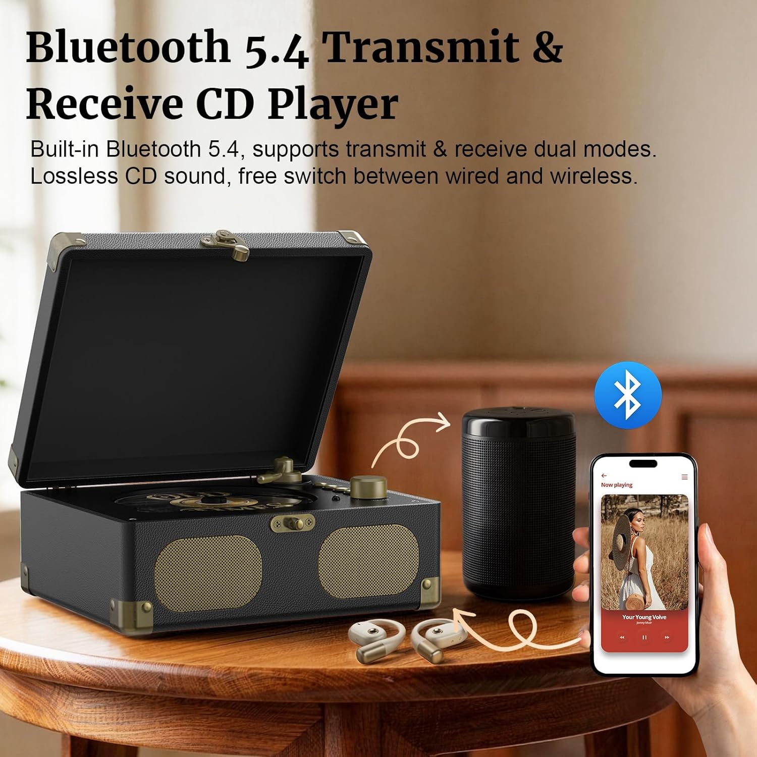 RetroAudio CD Player with Speakers Retro Portable CD Players for Home Music Player with Remote Control, V5.4 Bluetooth in&Out Desktop Suitcase CD Player with AUX in, Headphone Jack, USB Playback