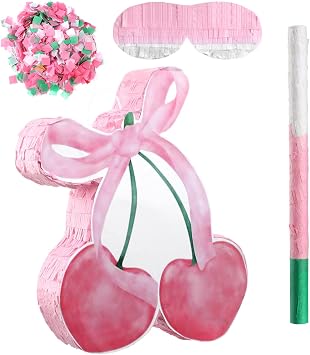 Pink Bow Pinata with Stick Blindfold and Confetti, Cherry Theme Birthday Party Baby Shower Nursery Decorations Gifts
