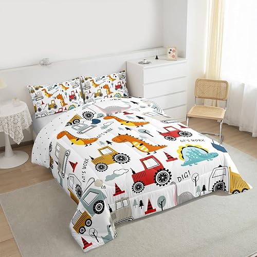 Miniatura 2 de Feelyou Juego de edredón de construcción para niños, juego de funda de edredón de dinosaurio de dibujos animados para niños, equipo de camiones,