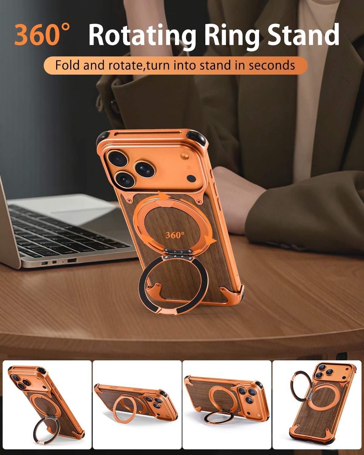 for iPhone 17 Pro Max Case with Stand,Frameless Anti-Scratch Solid Wood Shockproof Protection Phone Cases,360°Rotatable Magnetic Kickstand Cover for iPhone 17 Pro Max(Cosmic Orange)