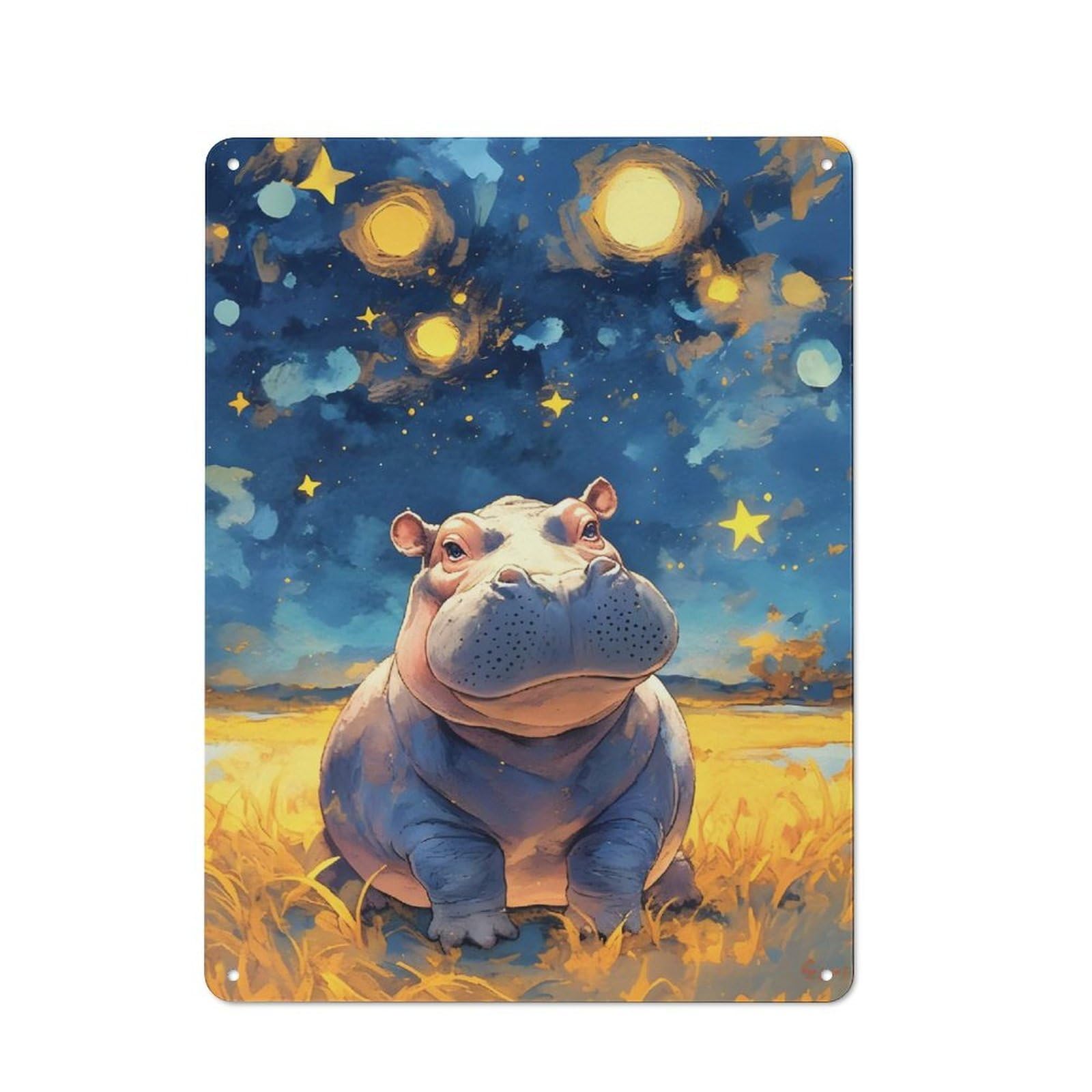 Junmoney Hippo Under Starry Sky Painting Decorative Metal Plaque With Design 40X30cm, Vintage Porch Wall Decor For Shed, Garden Room, Porch Or Garage