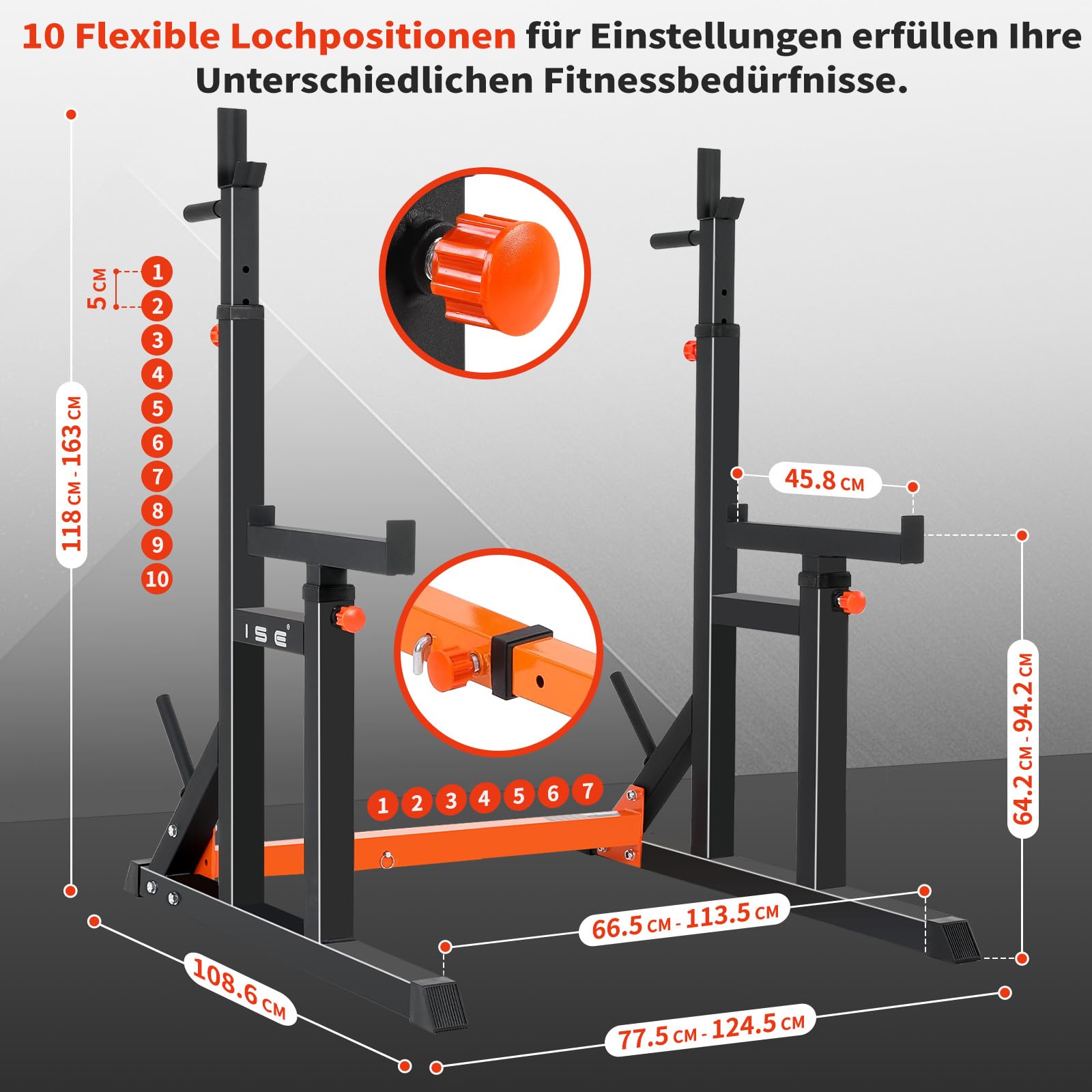 ISE Squat Rack Hantelständer, Langhantelständer, verstellbare Langhantelablage mit 7 Höhen- und Breiteverstellbar Power Rack, Multi-Funktionales Kniebeugenständer, Max. bis 200 kg Belastbar