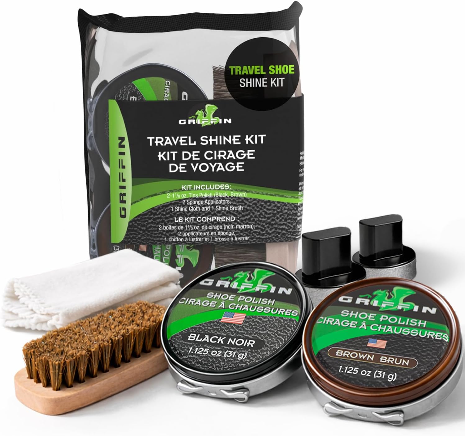 Griffin Shoe Shine Kit – Clean, Protect & Shine Shoes On-the-Go – Complete Leather Boot Care Kit With Black & Brown Polish