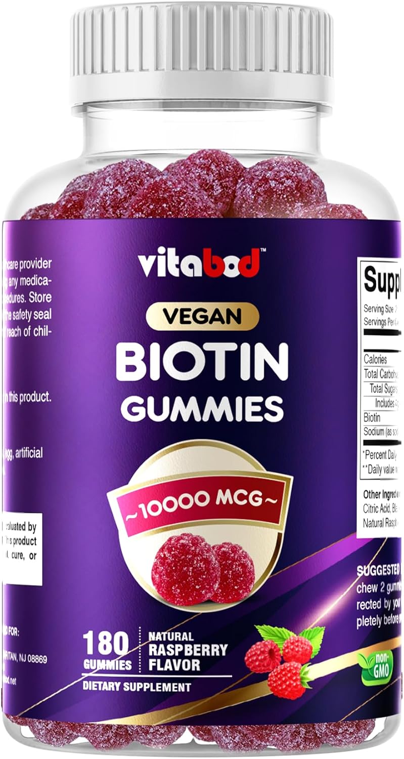 Vitabod Biotin Gummies 10,000 mcg – 180 Vegan Gummies Hair, Skin & Nails Support for Women, Men & Kids – Non-GMO, Gluten-Free, Delicious Flavor