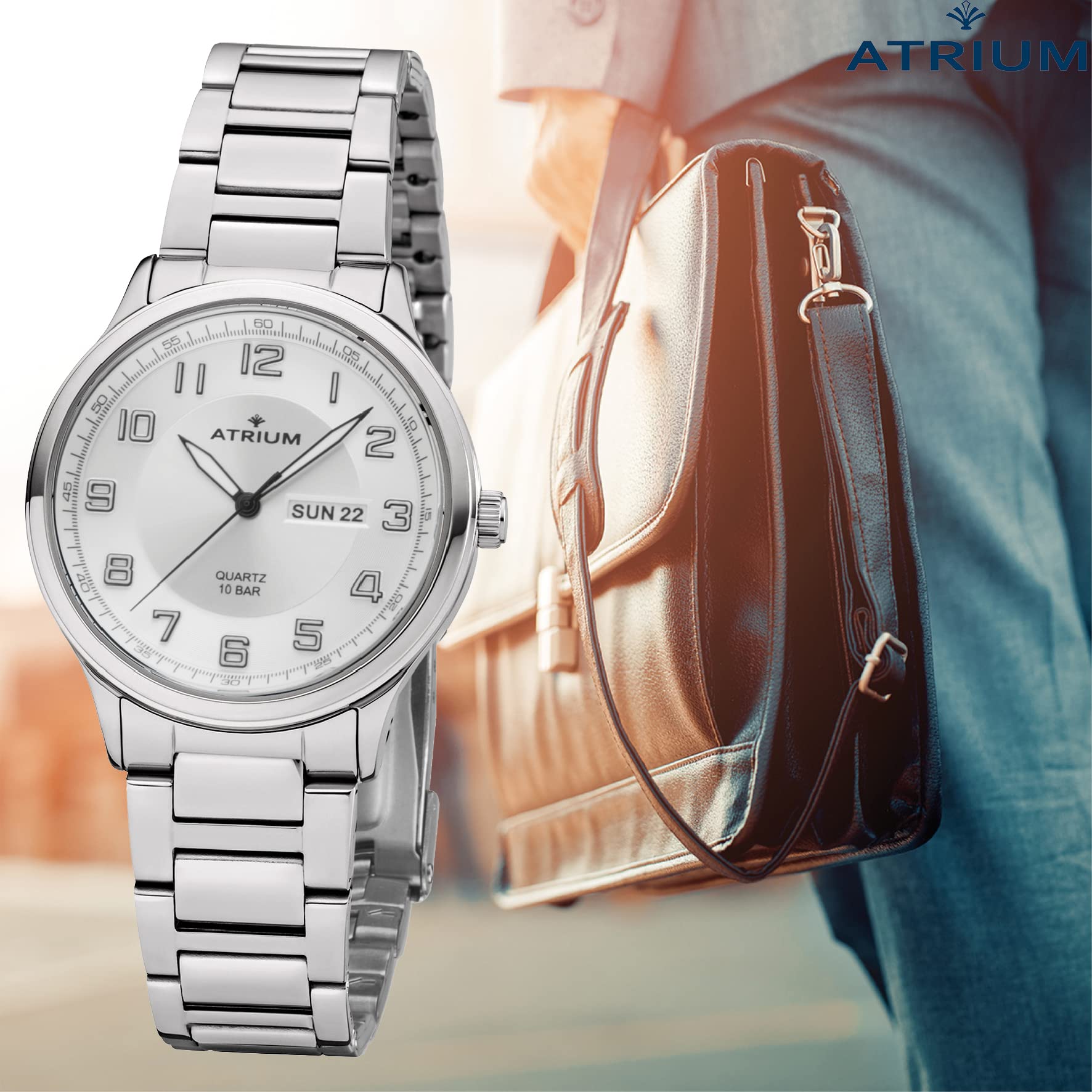 Atrium Herren-Armbanduhr Edelstahl Analog Quarz 10 bar mit Edelstahl Armband und Wochentag Datum Anzeige Silberfarben A39-30