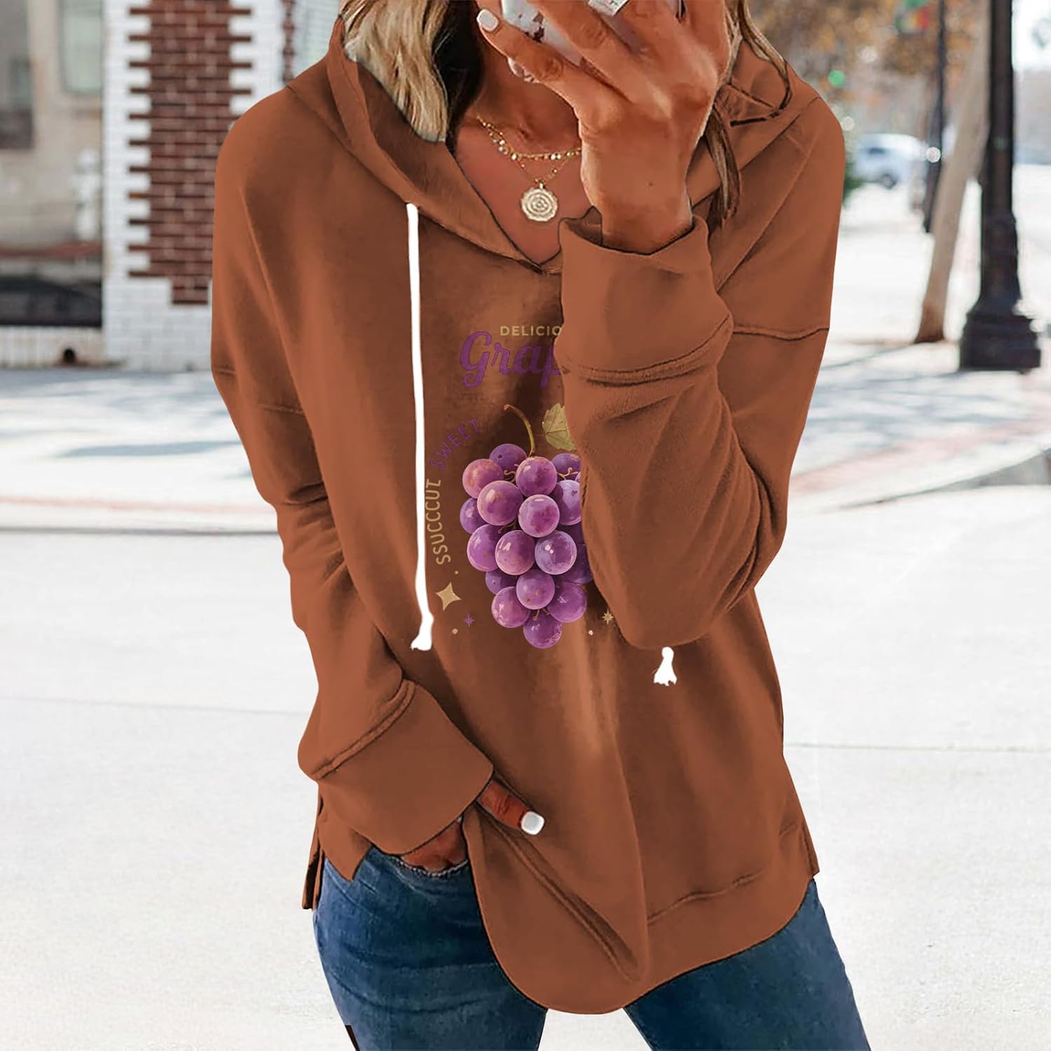 Womens Casual Loose Fit Pullover Sweatshirt with Artistic Print Drawstring Hood Long Sleeve Cotton Blend for Fall - Image 2