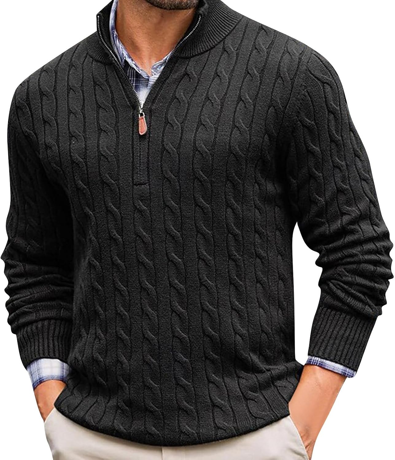Ymosrh Men's Long Sleeve Casual Cable Twist Knit Quarter Zip Pullover Golf Sweaters, S-XL