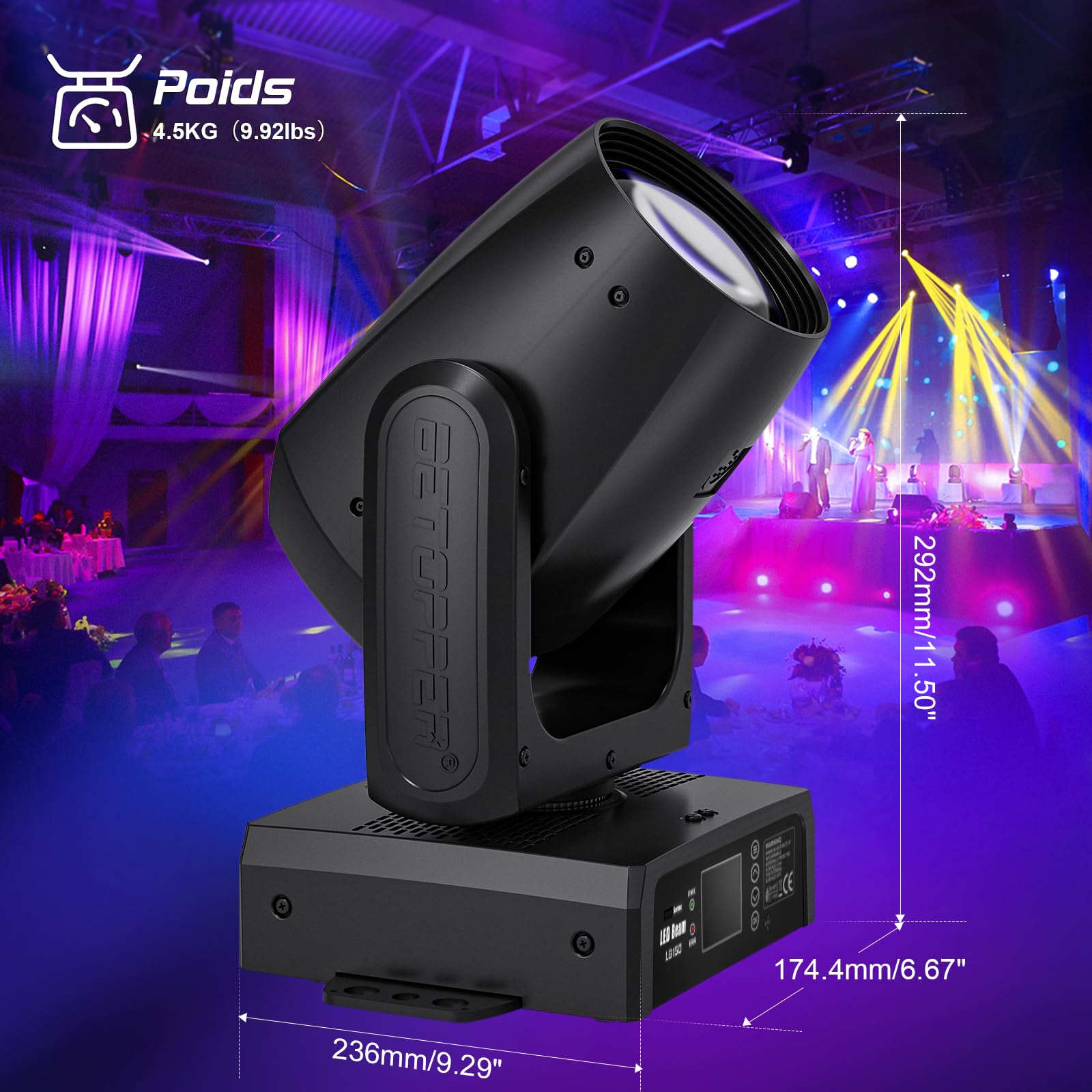 150W Éclairage de Scène LED Moving Head Lampe Lumière DJ,BETOPPER Lyre LED Projecteur de Scène, RGBW DMX-512 Lumière Soirée Beam 4 en 1 Lumière de Scène pour DJ, Fête, Bar, Mariage, Club (1, LB150-1)