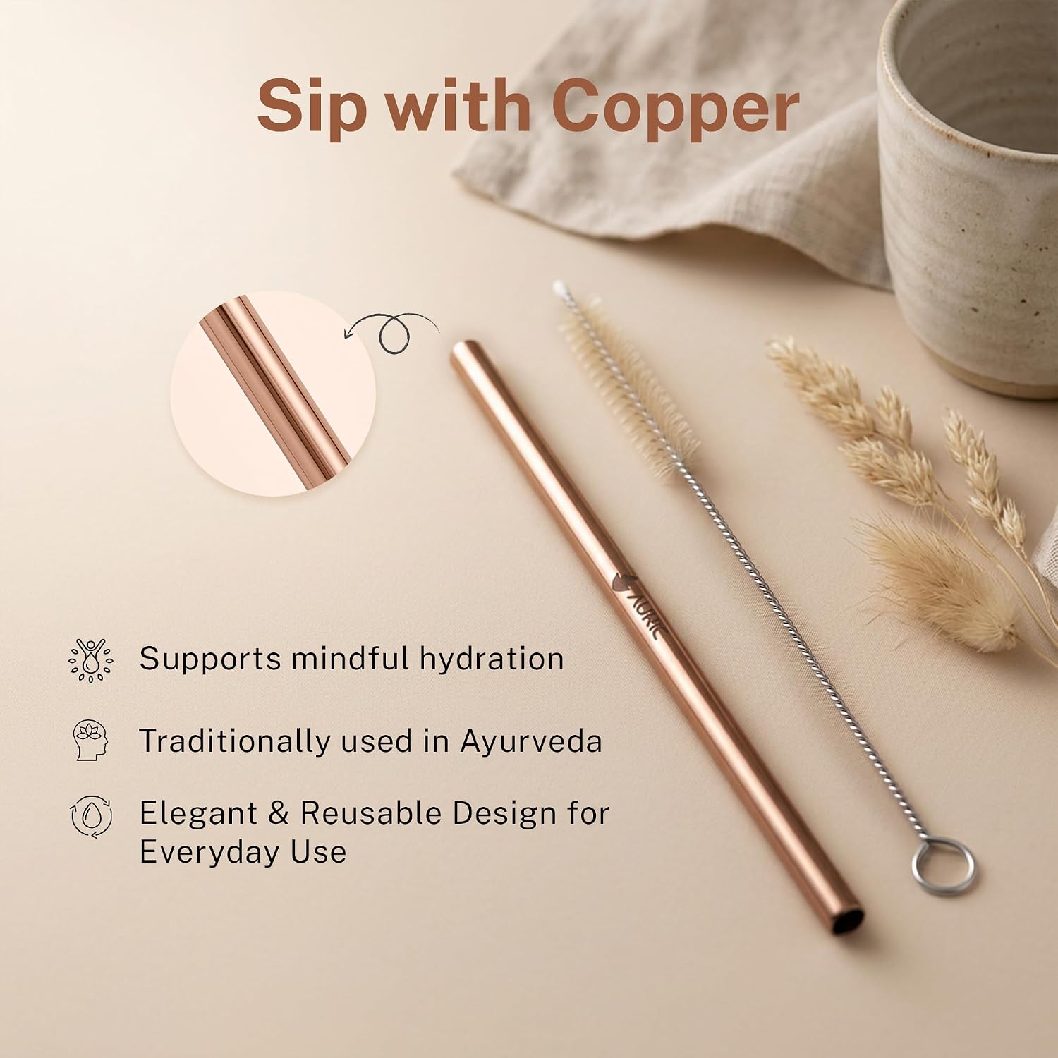 Auric Flow Wellness Kit – Copper Tongue Cleaner, Copper Straw with Cleaner, Neem (Indian Lilac) Wood Comb, Jade Gua Sha & Jade Roller | Daily Ayurvedic Self-Care Ritual Set