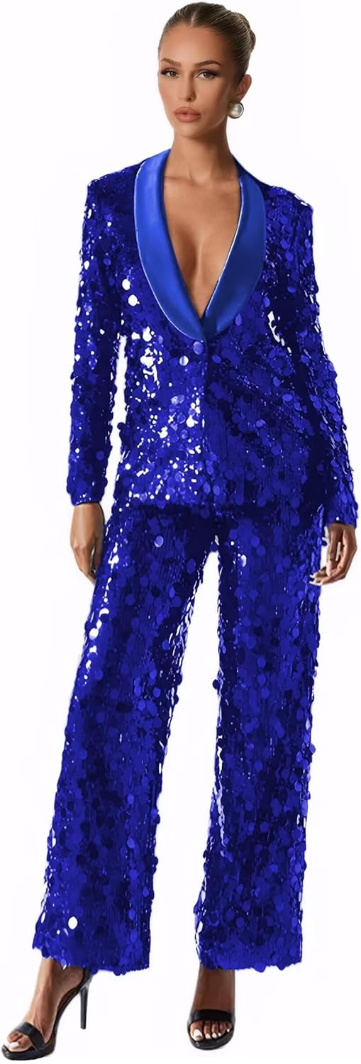 Women 2 Piece Sparkly Women Pant Suit Night Shiny Womens Suit Glitter Womens Suits for Party Wedding FXZ04