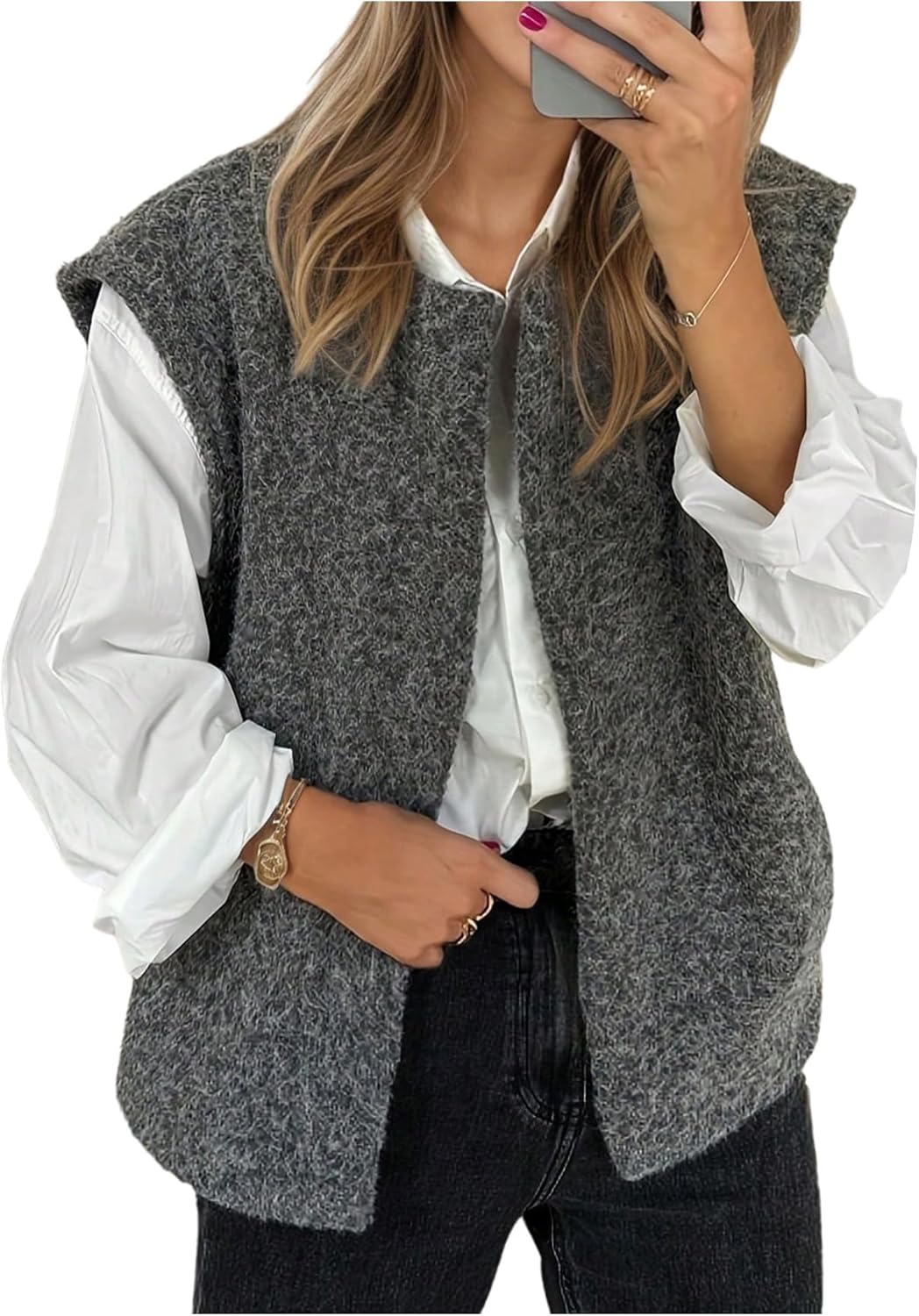 Verdusa Women's Old Money Open Front Fuzzy Cardigan Sweater Elegant Cap Sleeve Cozy Knit Fall Outerwear