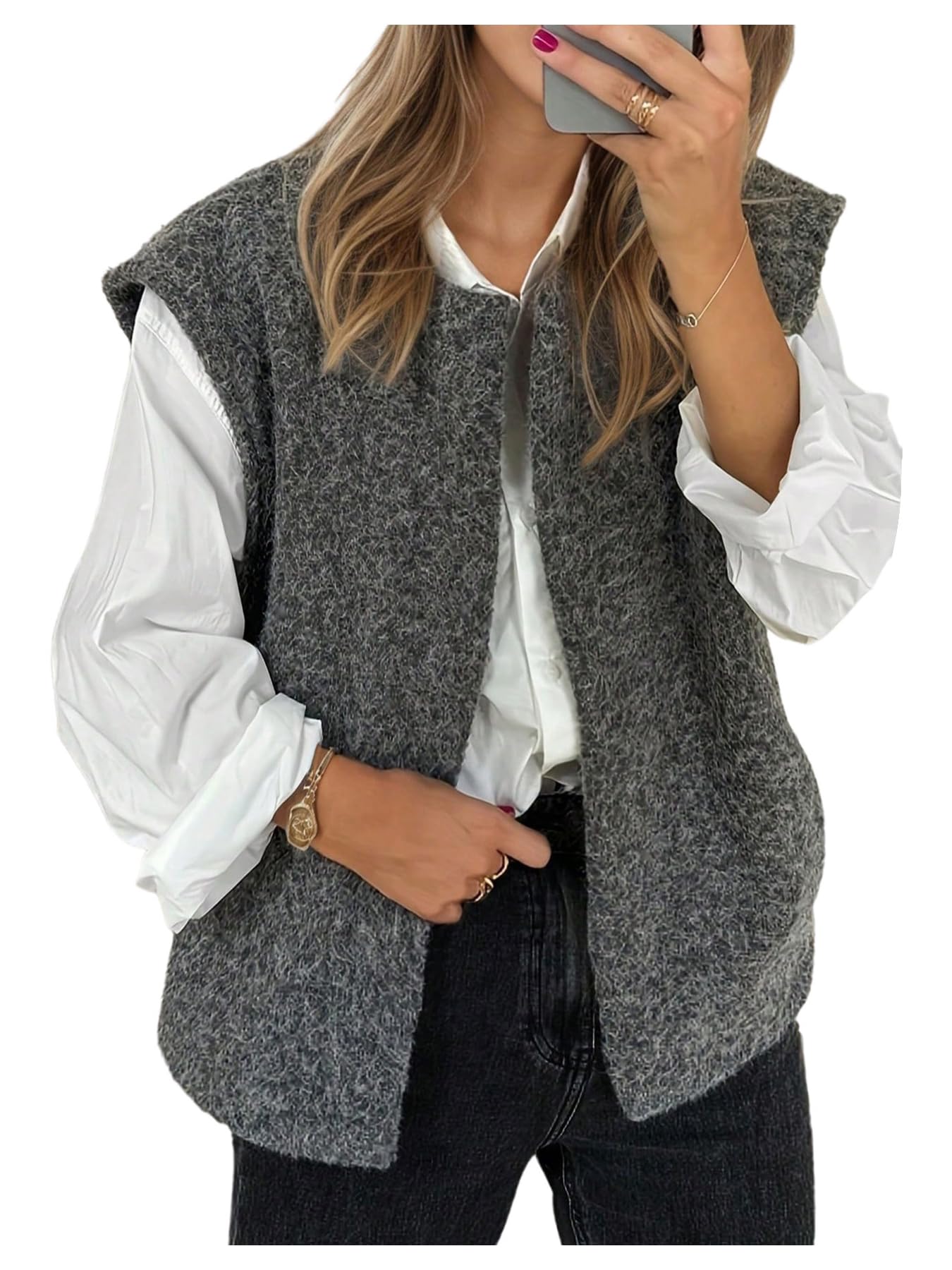 Verdusa Womens Old Money Open Front Fuzzy Cardigan Sweater Elegant Cap Sleeve Cozy Knit Fall Outerwear