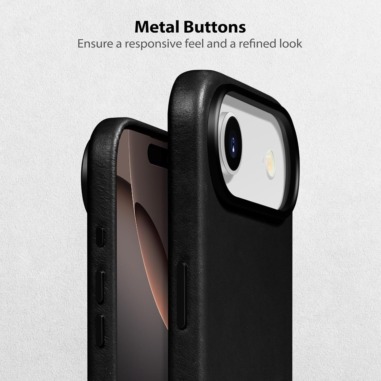 Belemay Handcrafted Full-Grain Vegetable-Tanned Leather Case for iPhone 17 Air, Compatible with MagSafe, Classy Two-Tone Effect, Natural Patina, Camera Control Button, Metal Buttons (6.5"), Black - Image 4