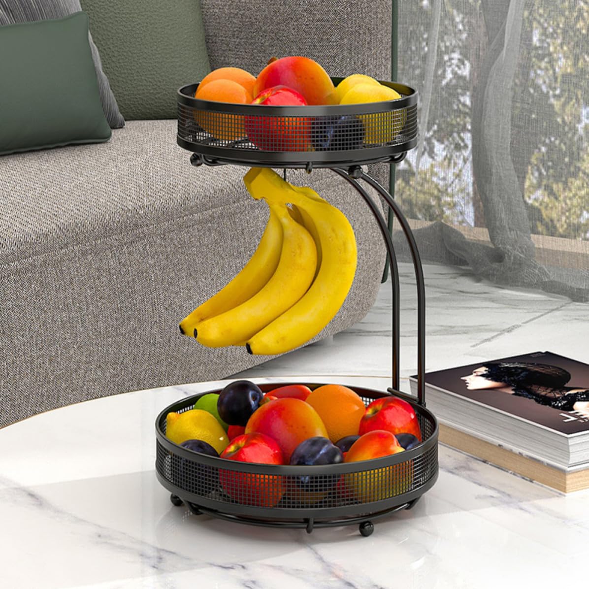 Obstkorb Obstorganisator 2 stöckiger aus Eisen Schwarzer mit Bananenhalter Großer Kapazität für und Snacks für Desktop und Schlafzimmer